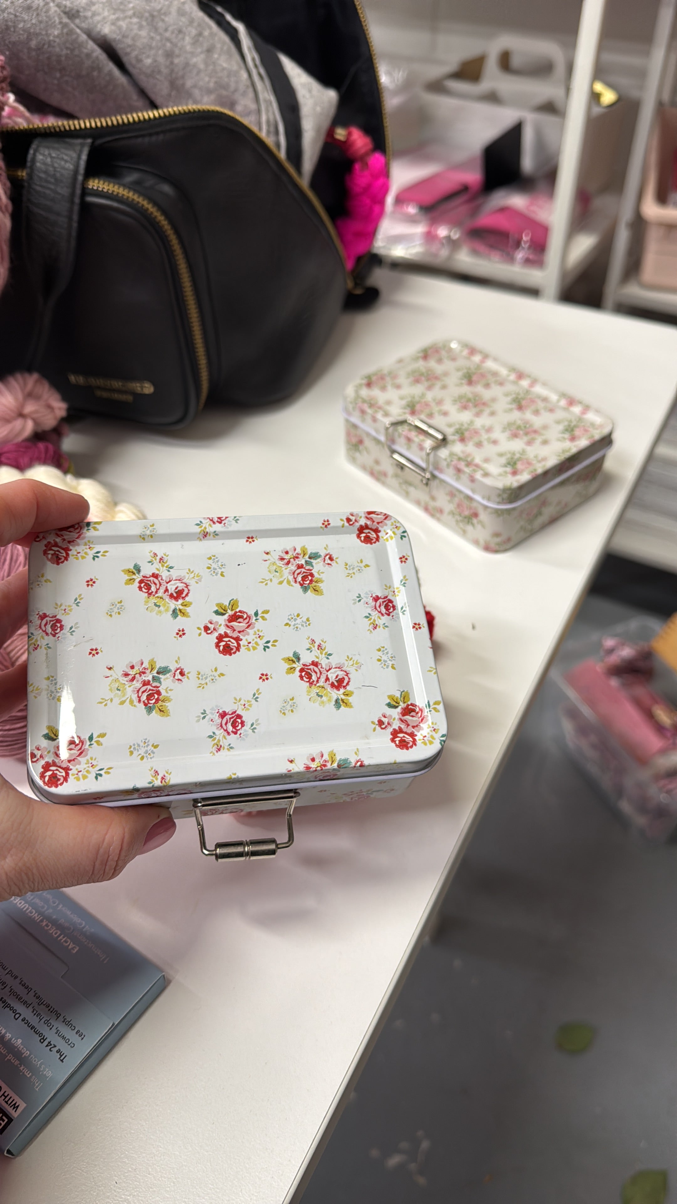 Vintage roses metal tin for notions