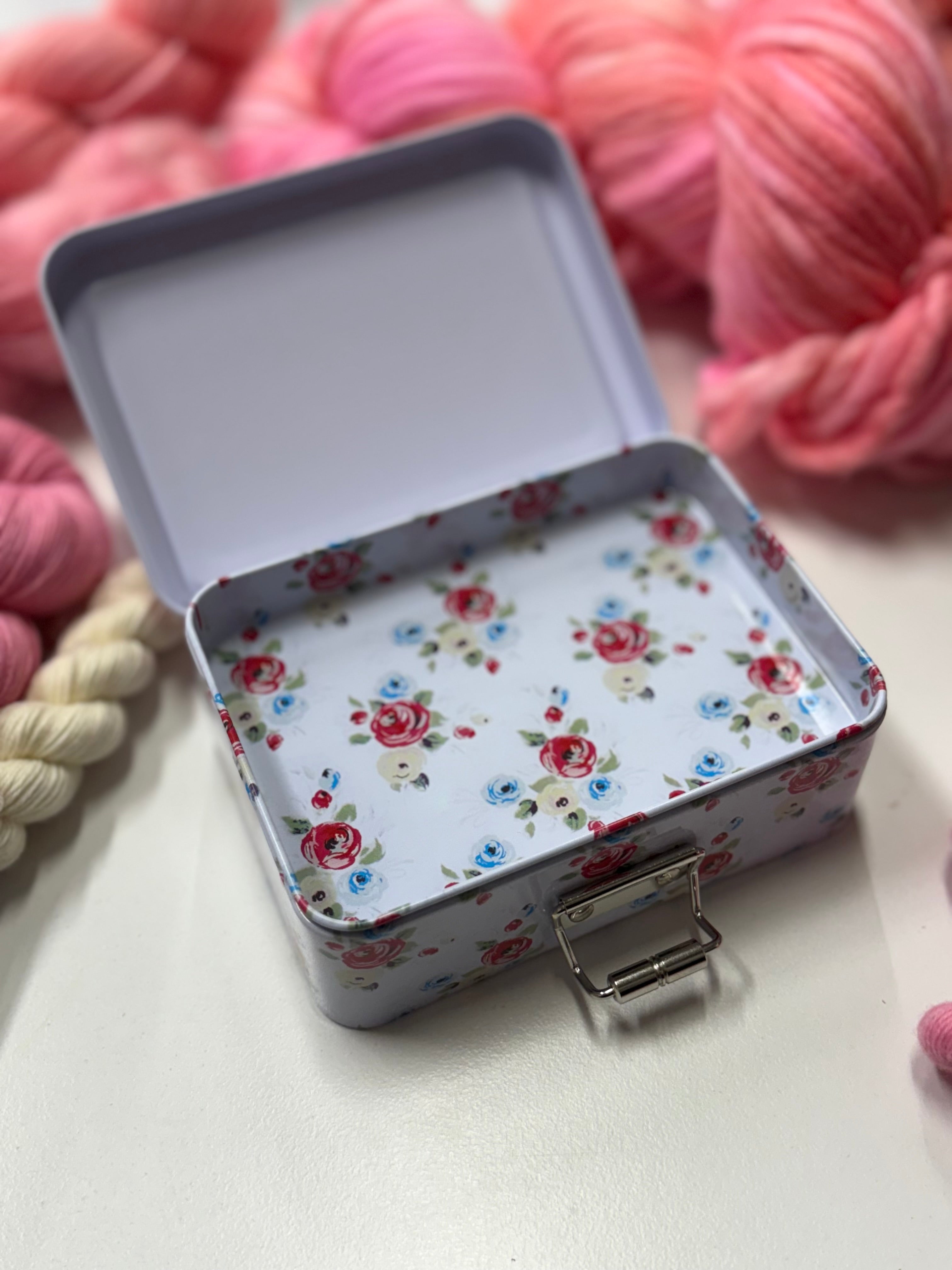 Vintage roses metal tin for notions