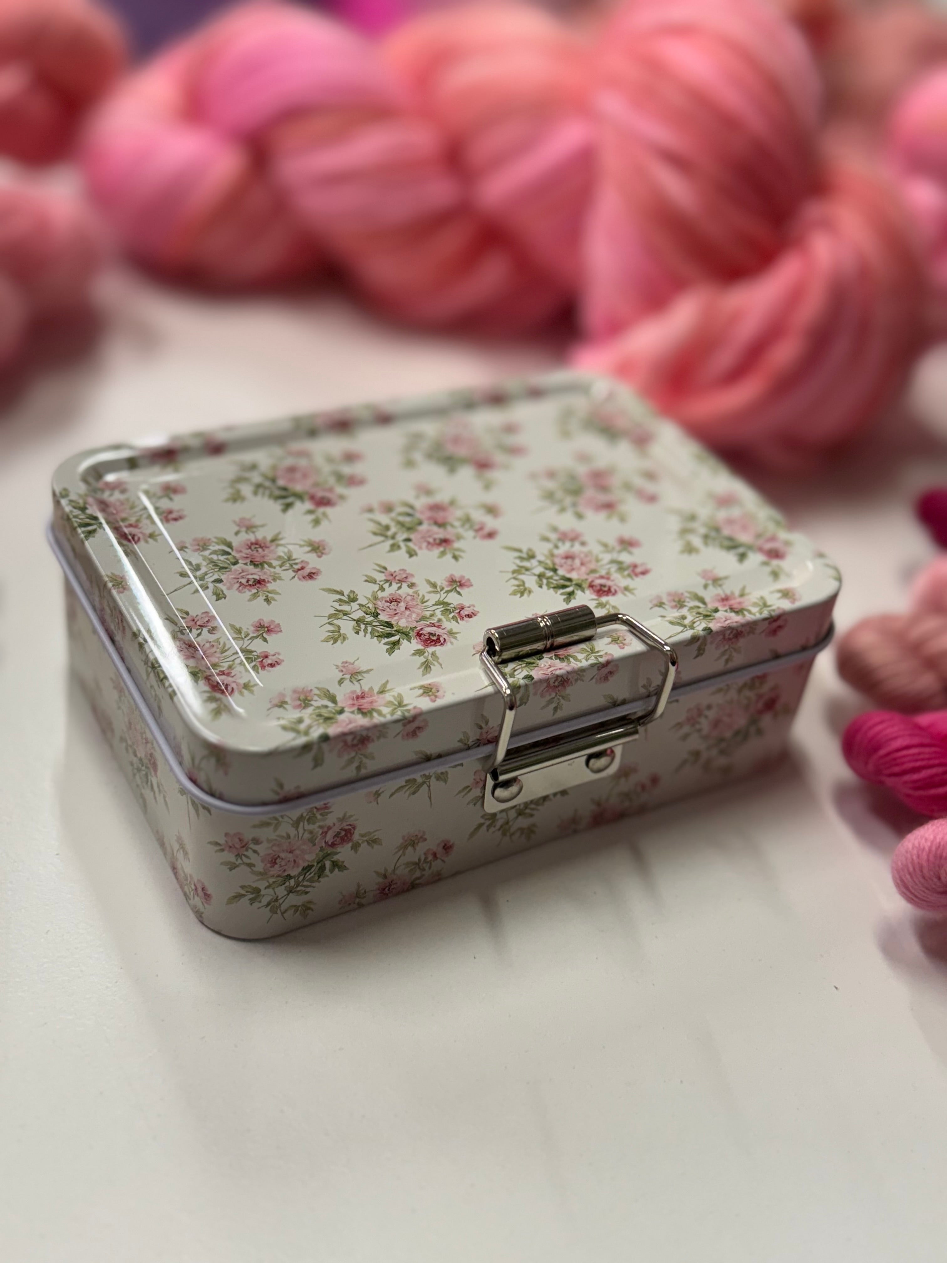 Vintage roses metal tin for notions