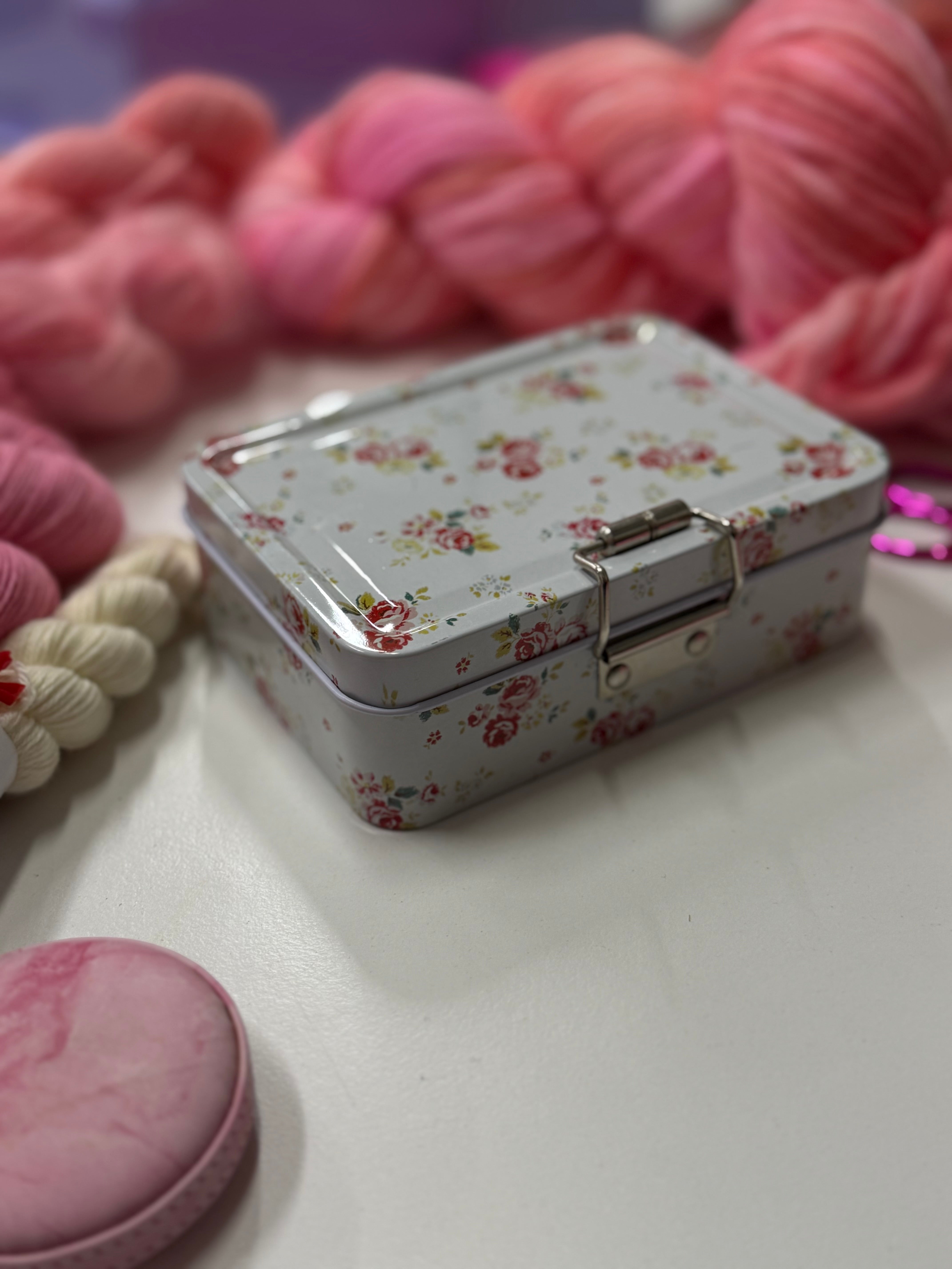 Vintage roses metal tin for notions