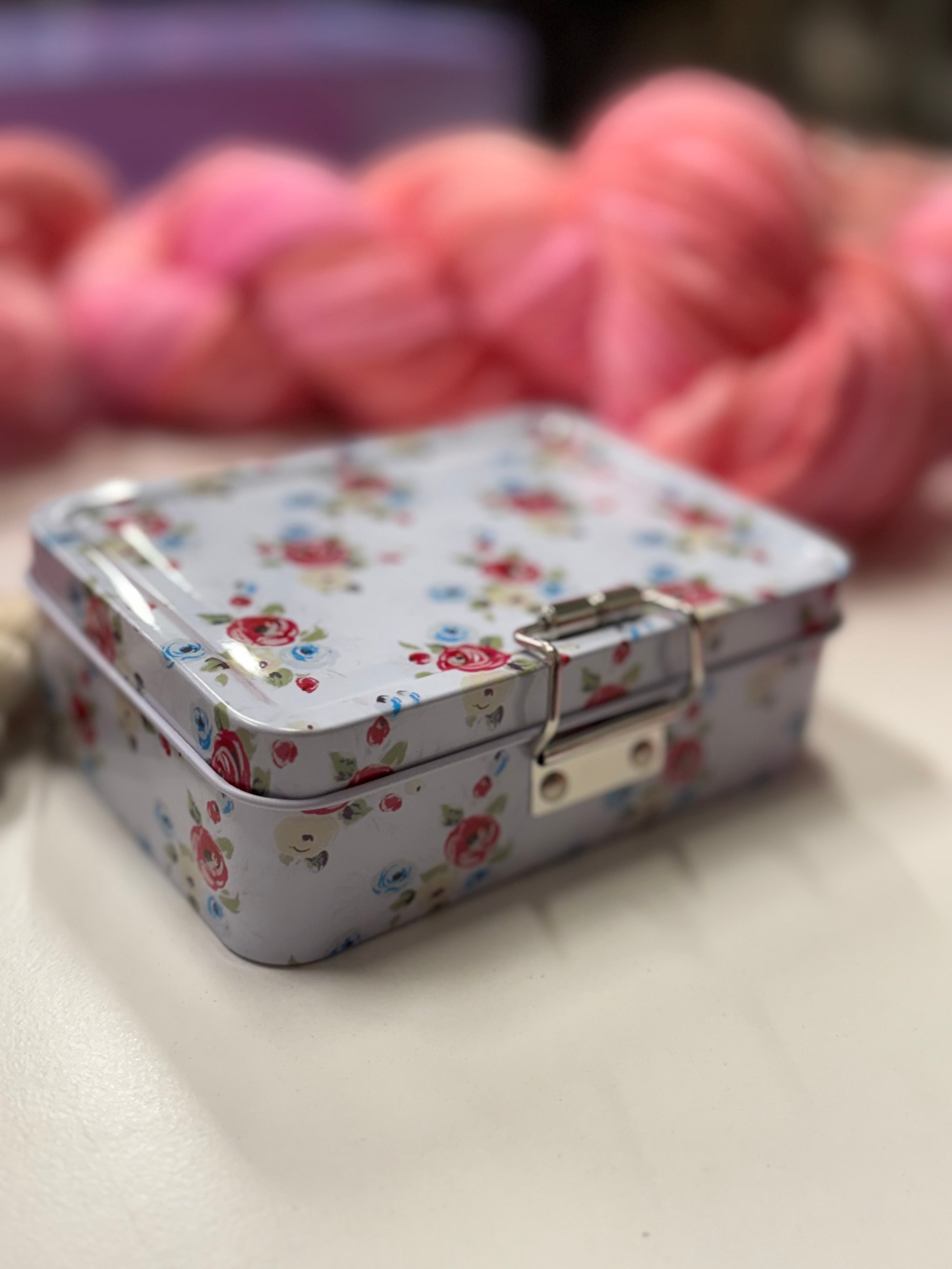 Vintage roses metal tin for notions