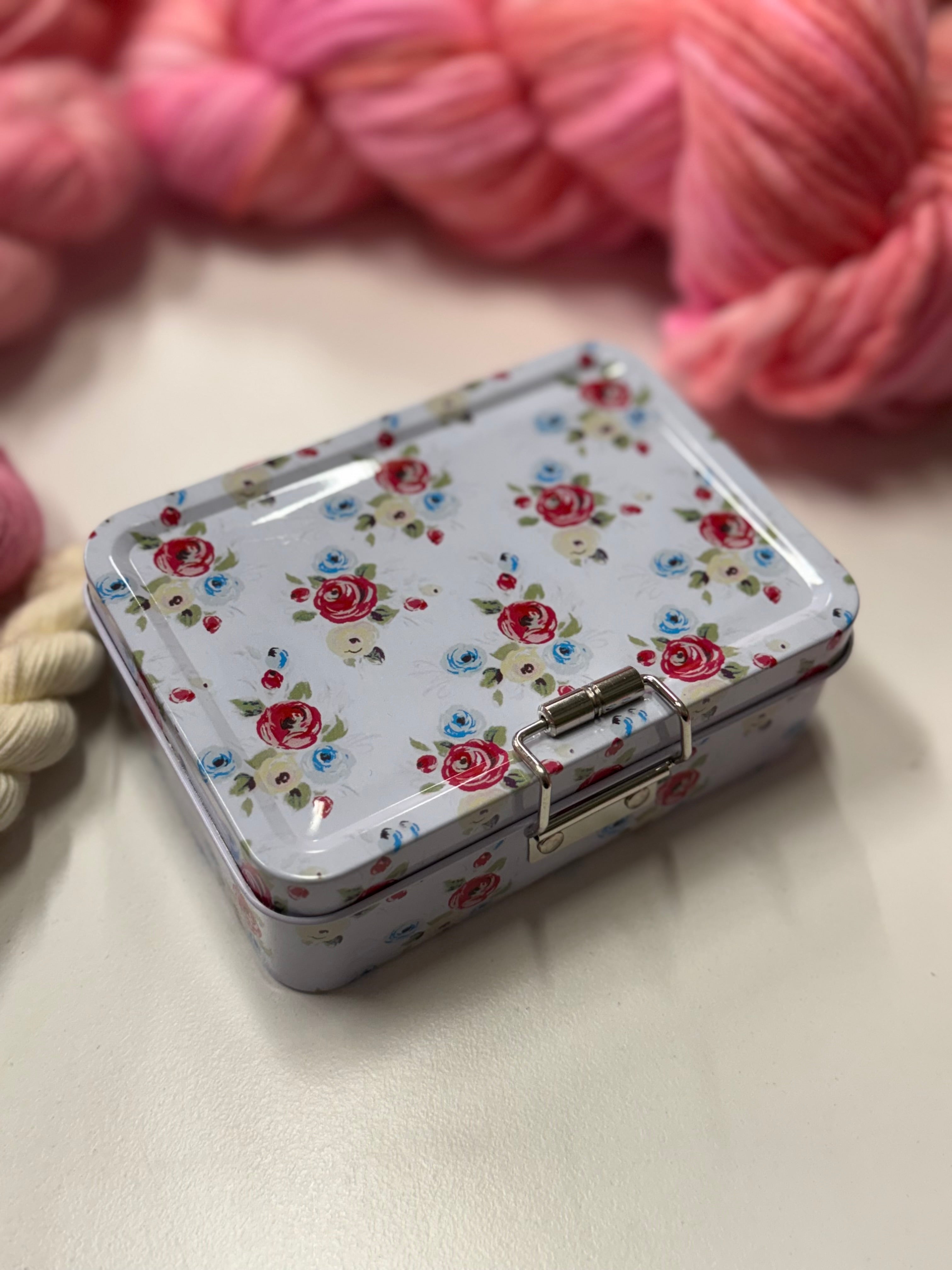 Vintage roses metal tin for notions