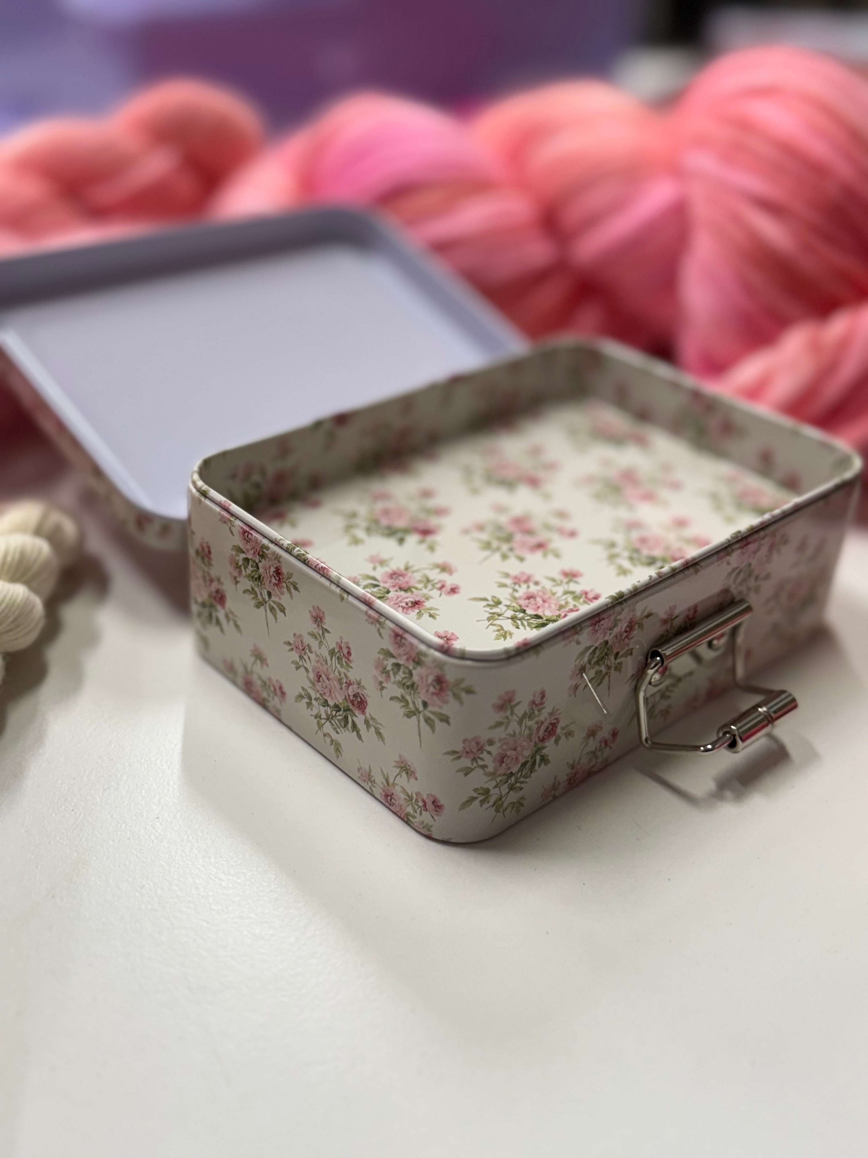 Vintage roses metal tin for notions
