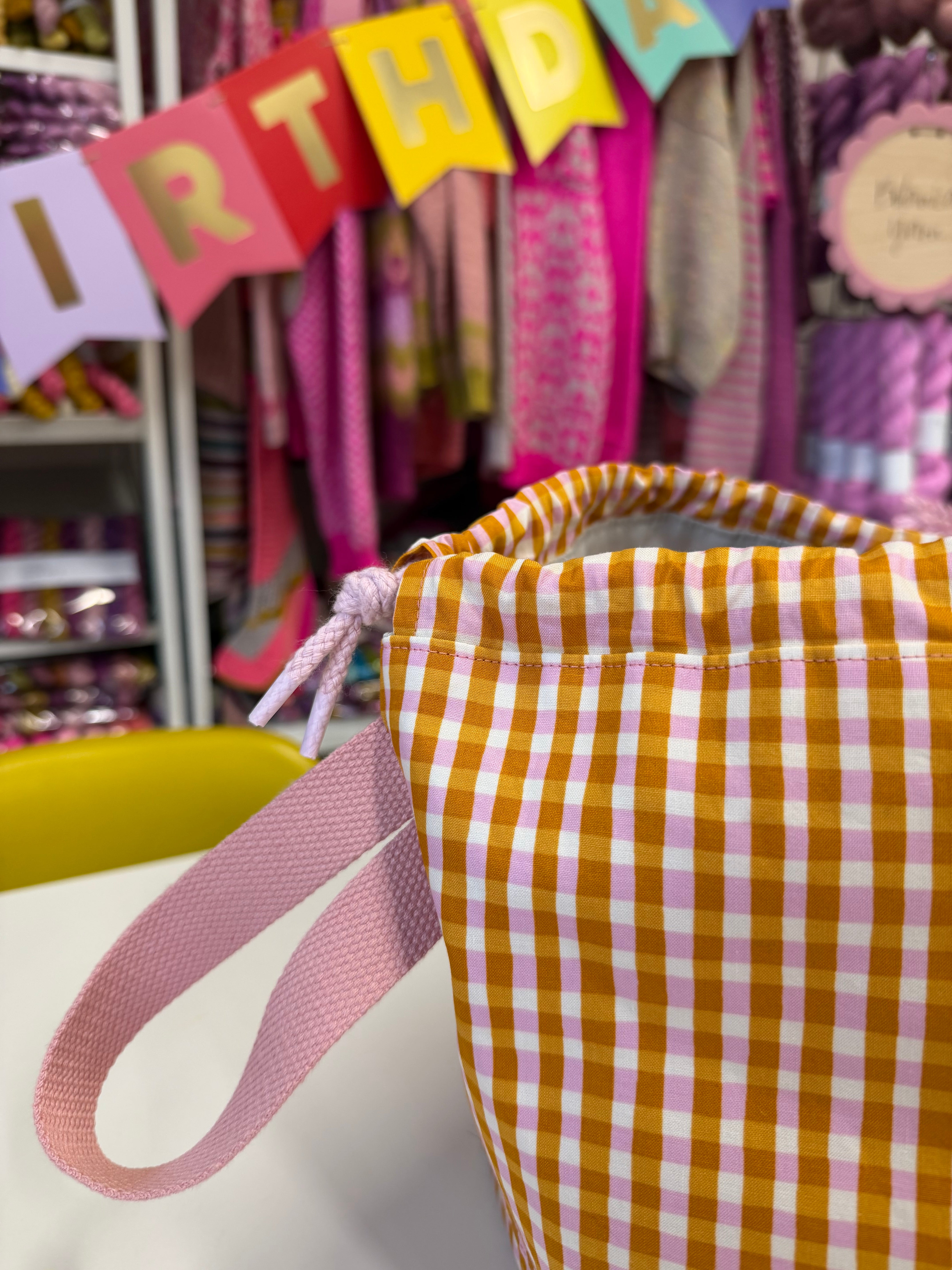 Made to order - Project Bag Style 01 - Mustard & Pink Gingham
