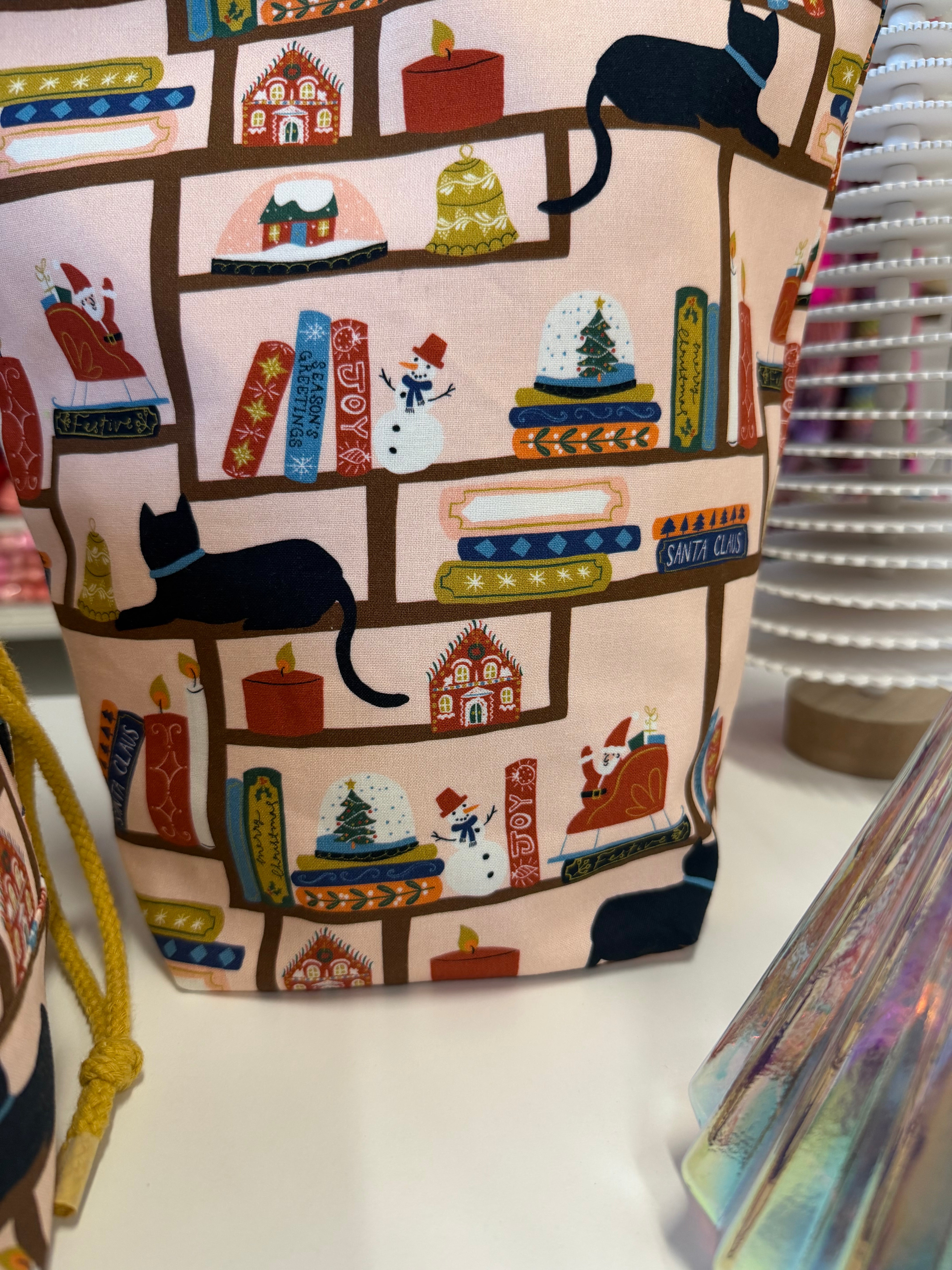 Ready to ship - Project Bag Style 04 - Roll Top - Christmas Cat on the Shelf