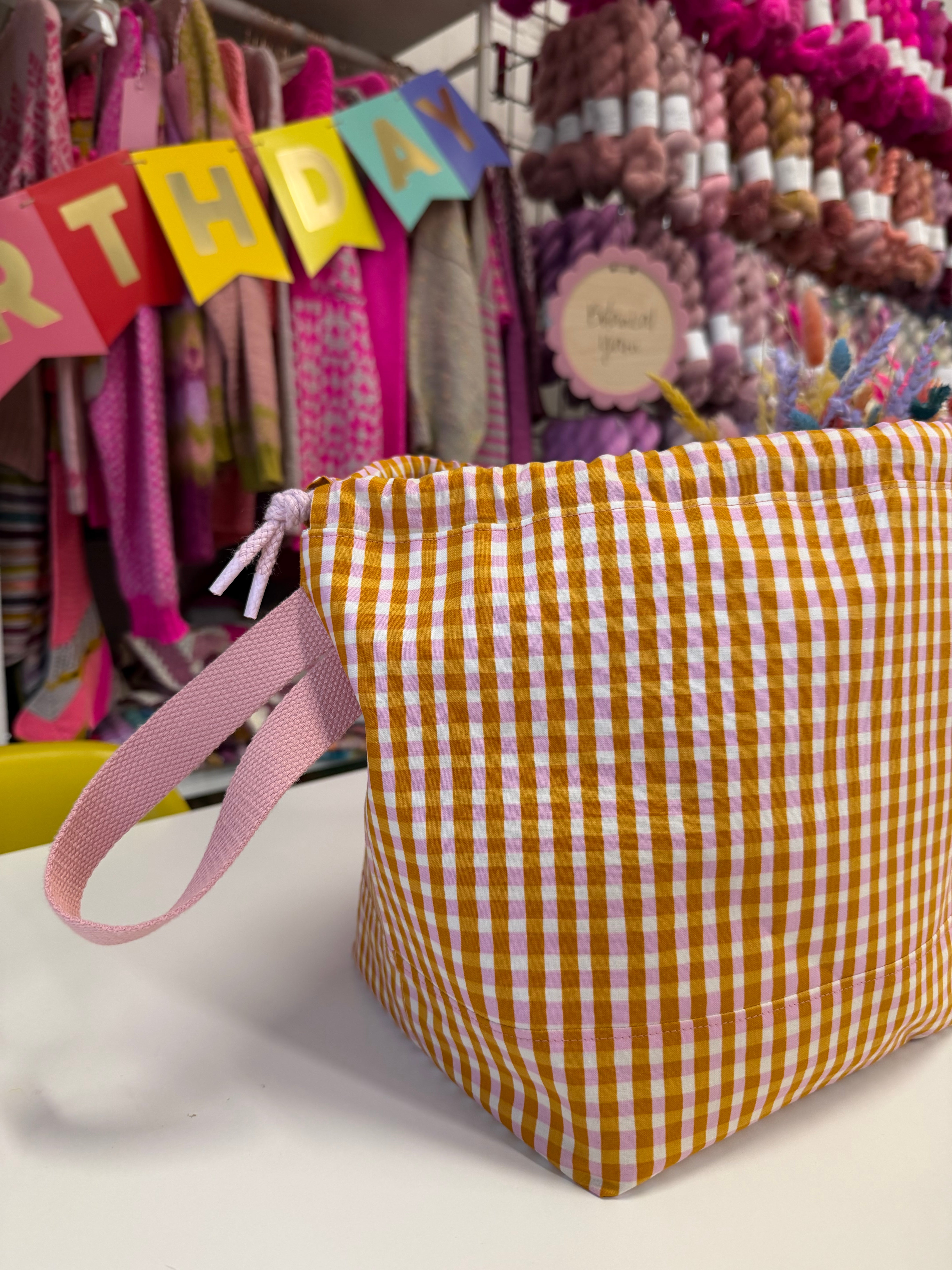 Made to order - Project Bag Style 01 - Mustard & Pink Gingham