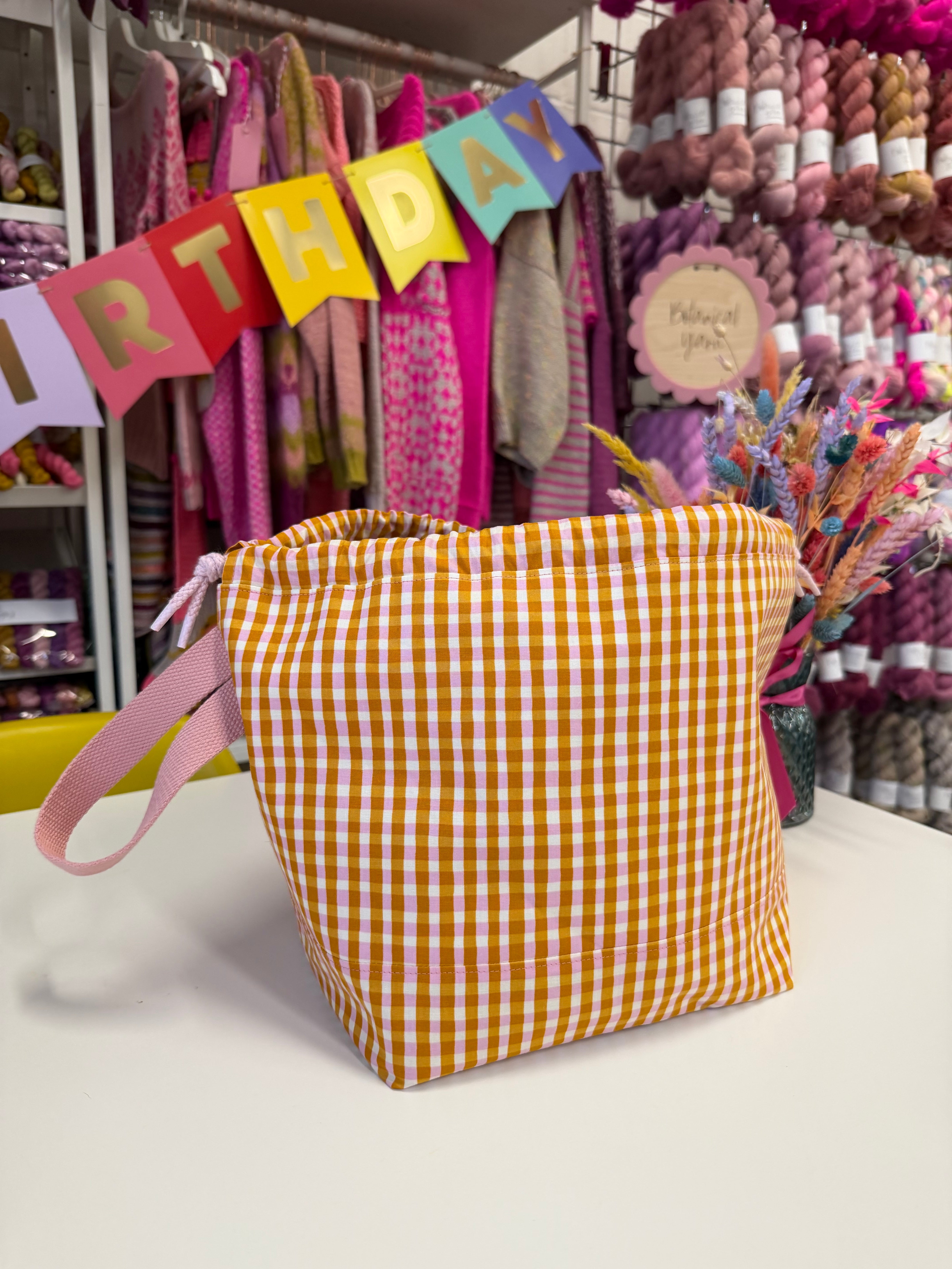 Made to order - Project Bag Style 01 - Mustard & Pink Gingham