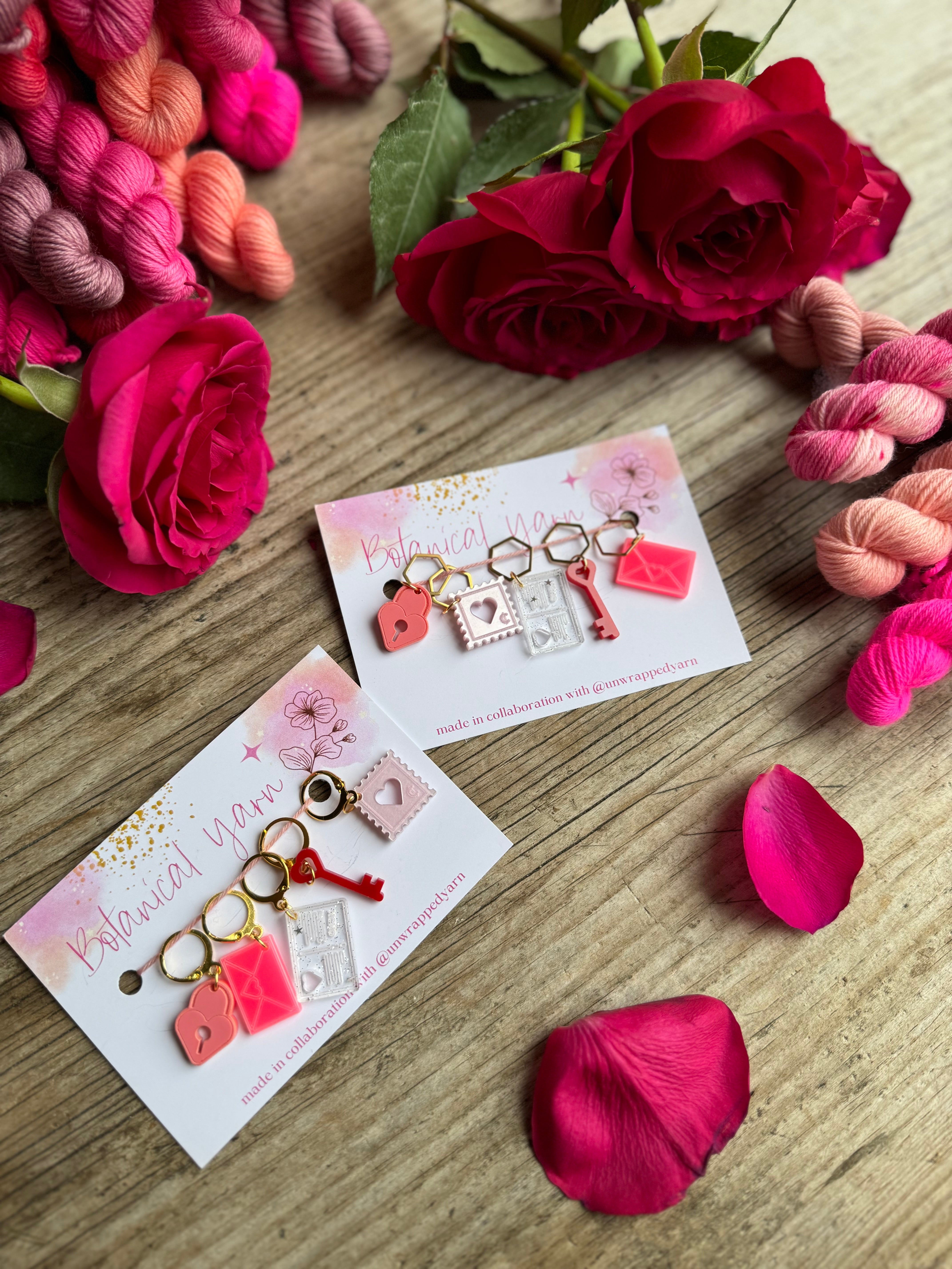 Valentine Stitch markers / progress keepers made in collaboration with Unwrapped Yarn