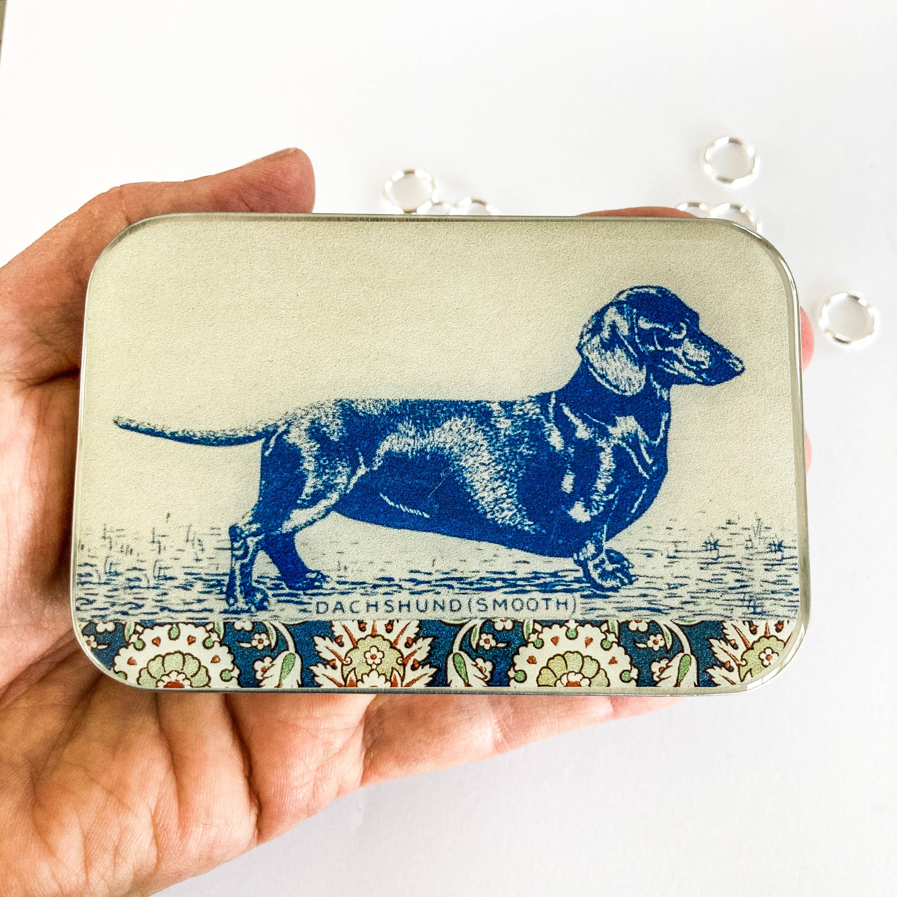 Dachshund notions tin, stitch marker tin