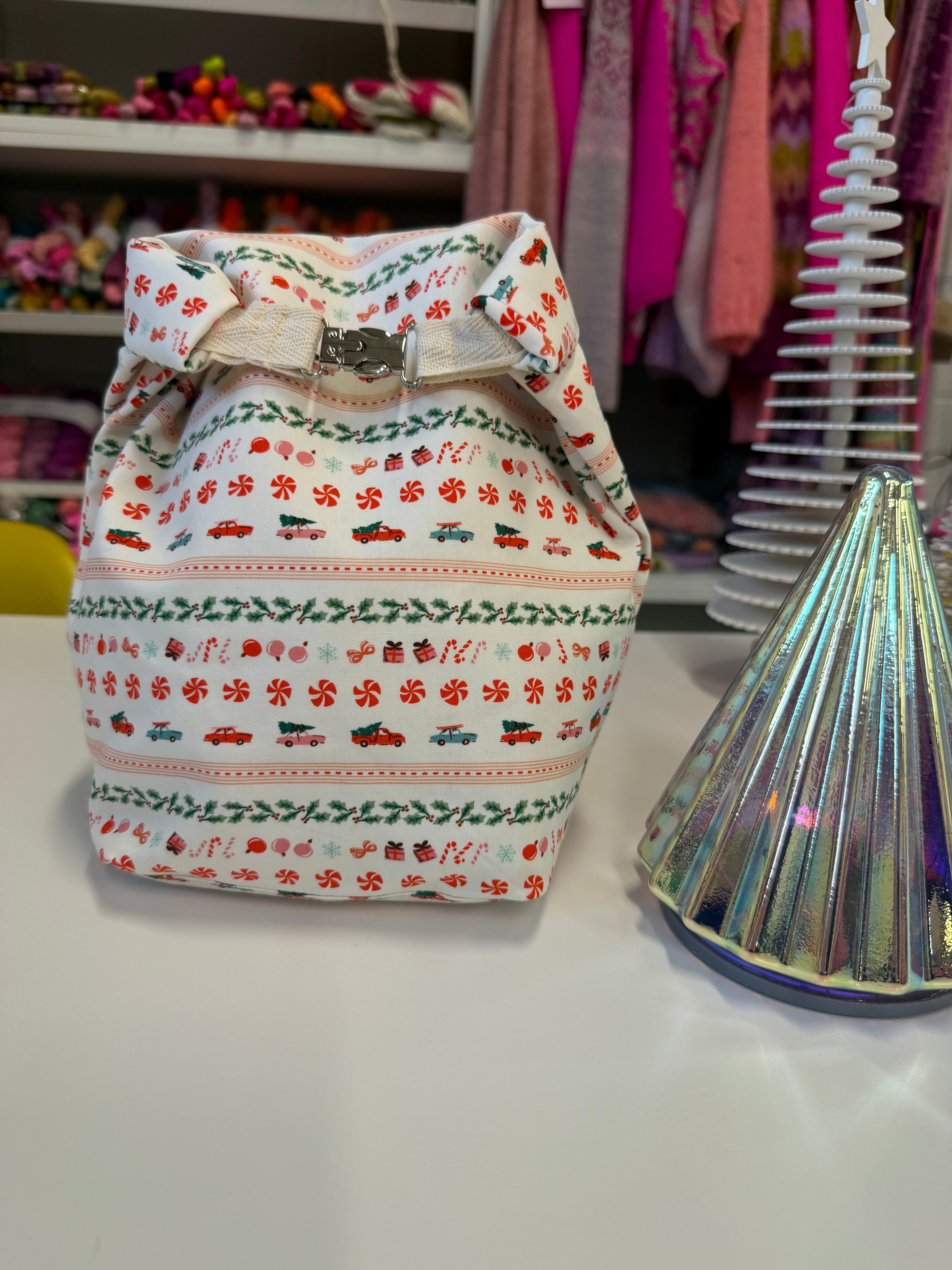 Ready to ship - Project Bag Style 04 - Roll Top - Christmas Cars & Candy