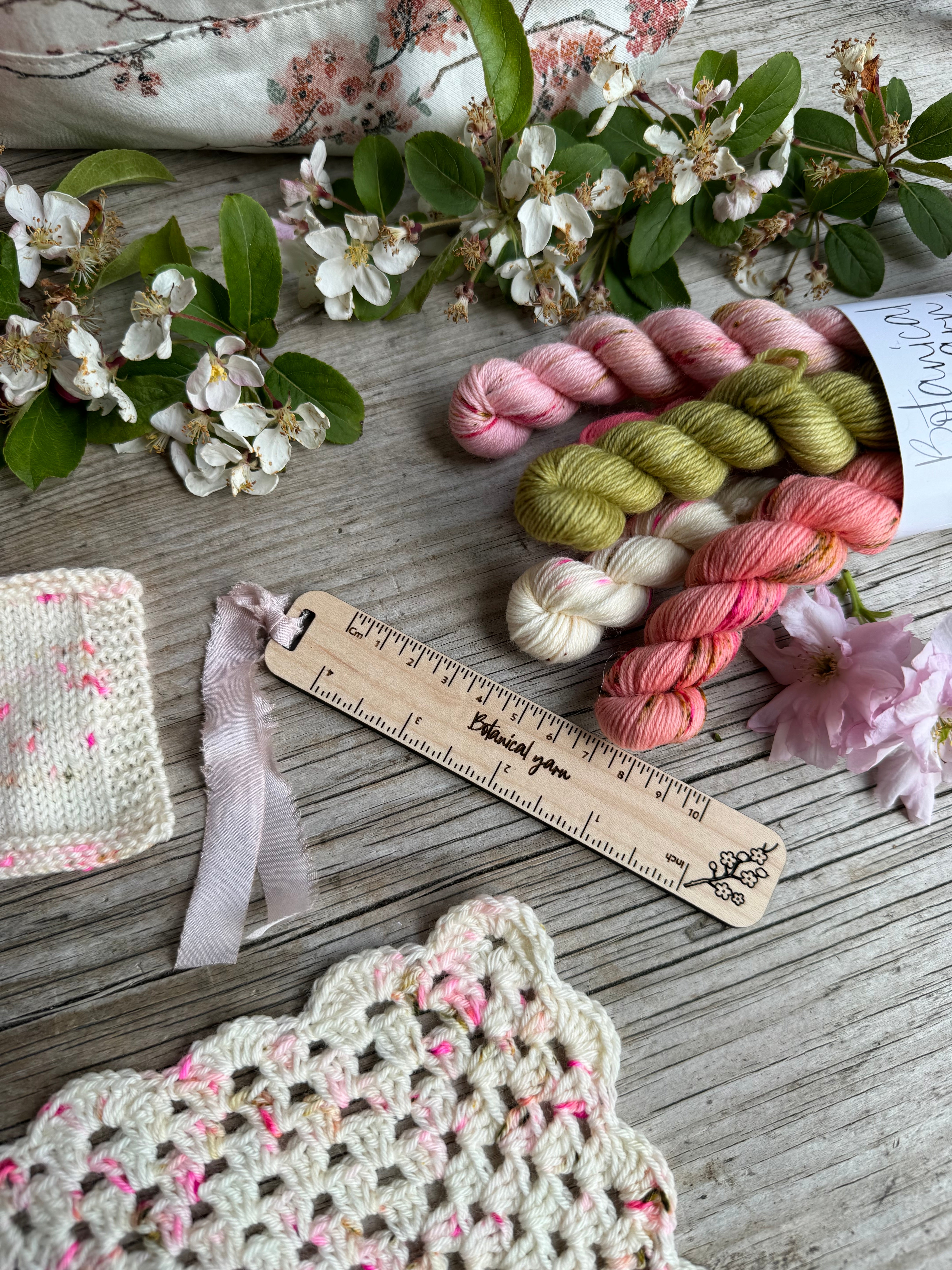 Sakura 4-inch Ruler with a Pale Pink Silk Ribbon made by Unwrapped Yarn