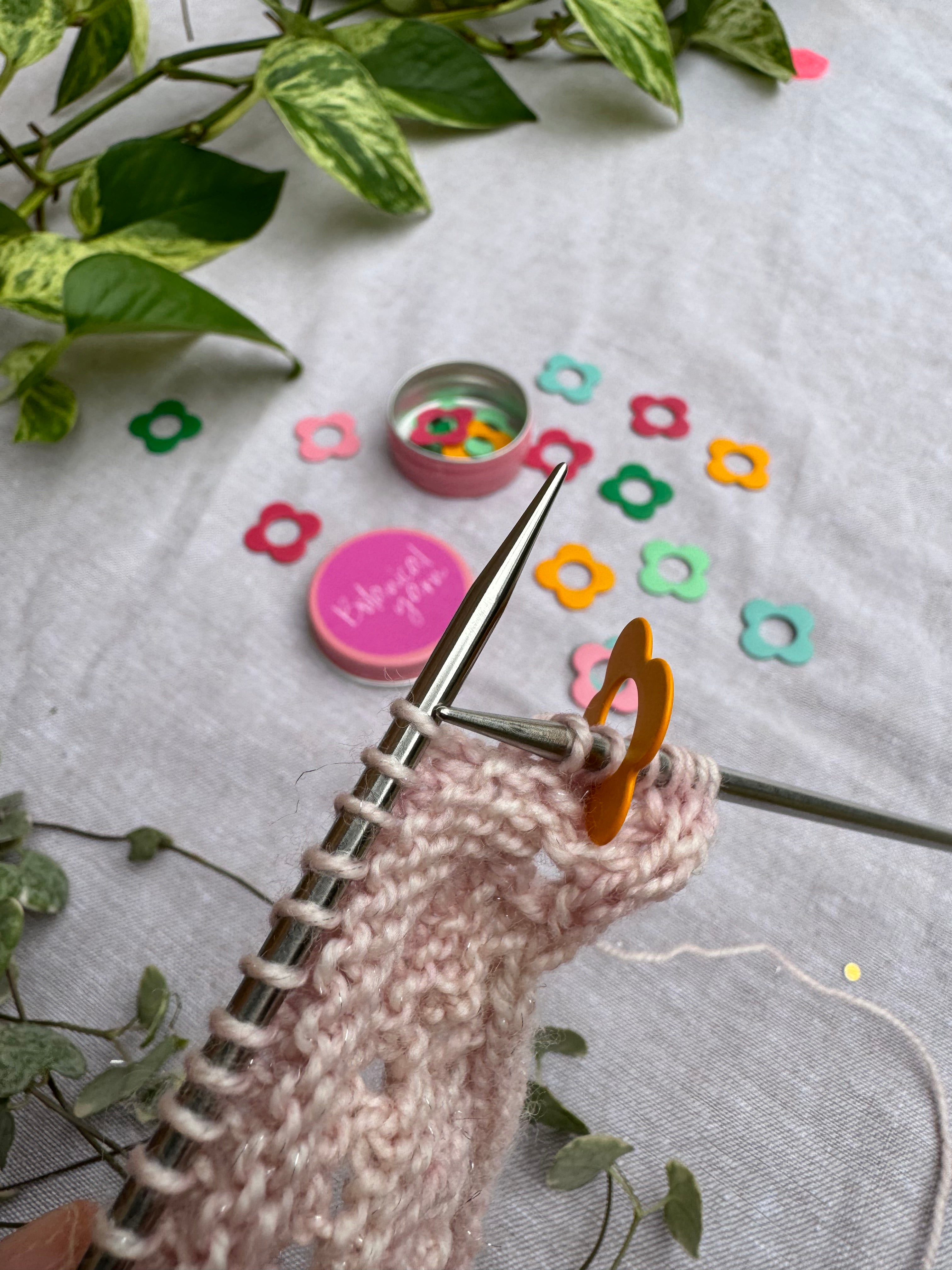 Flower four petal stitch markers in tin