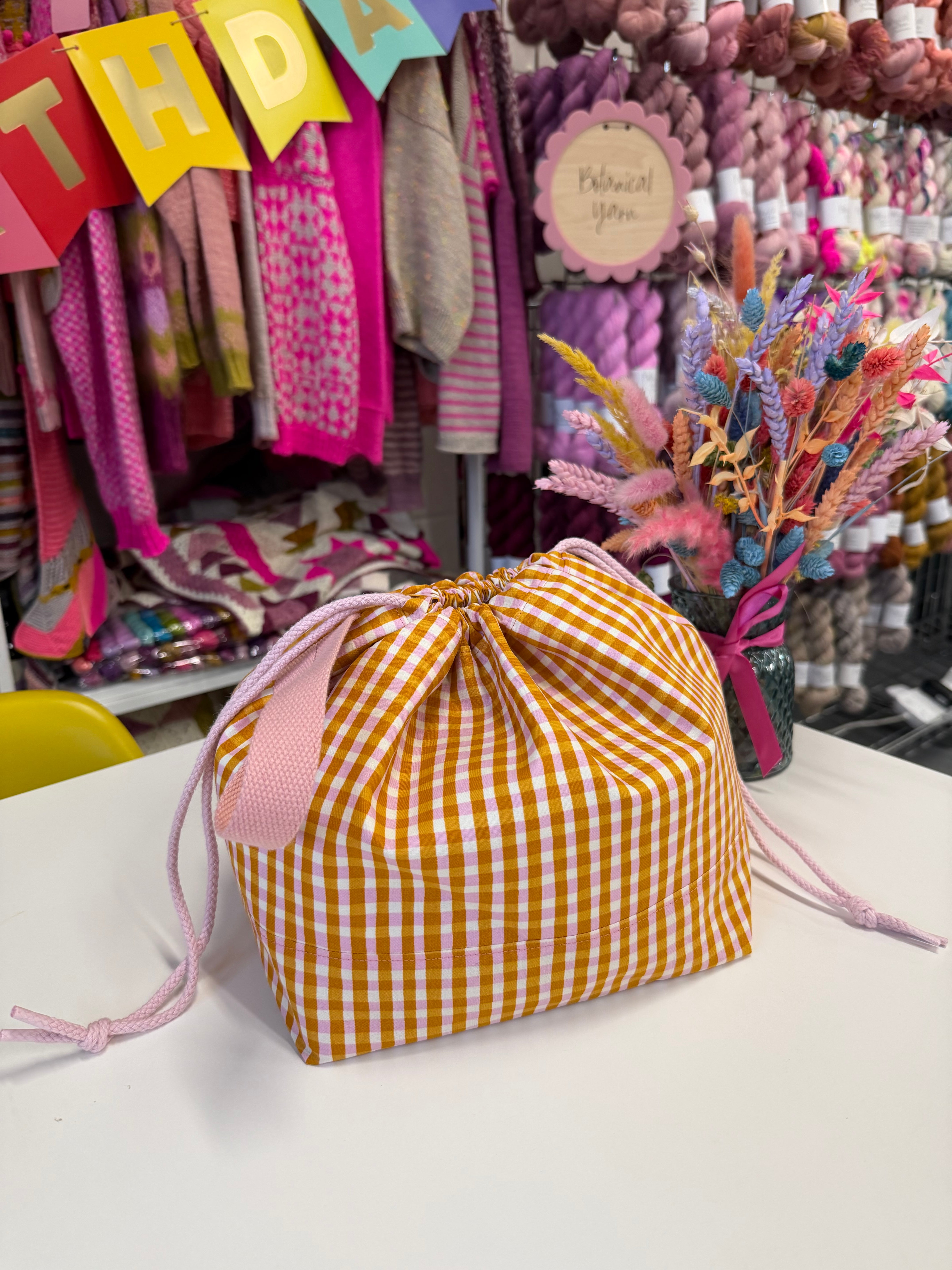 Made to order - Project Bag Style 01 - Mustard & Pink Gingham