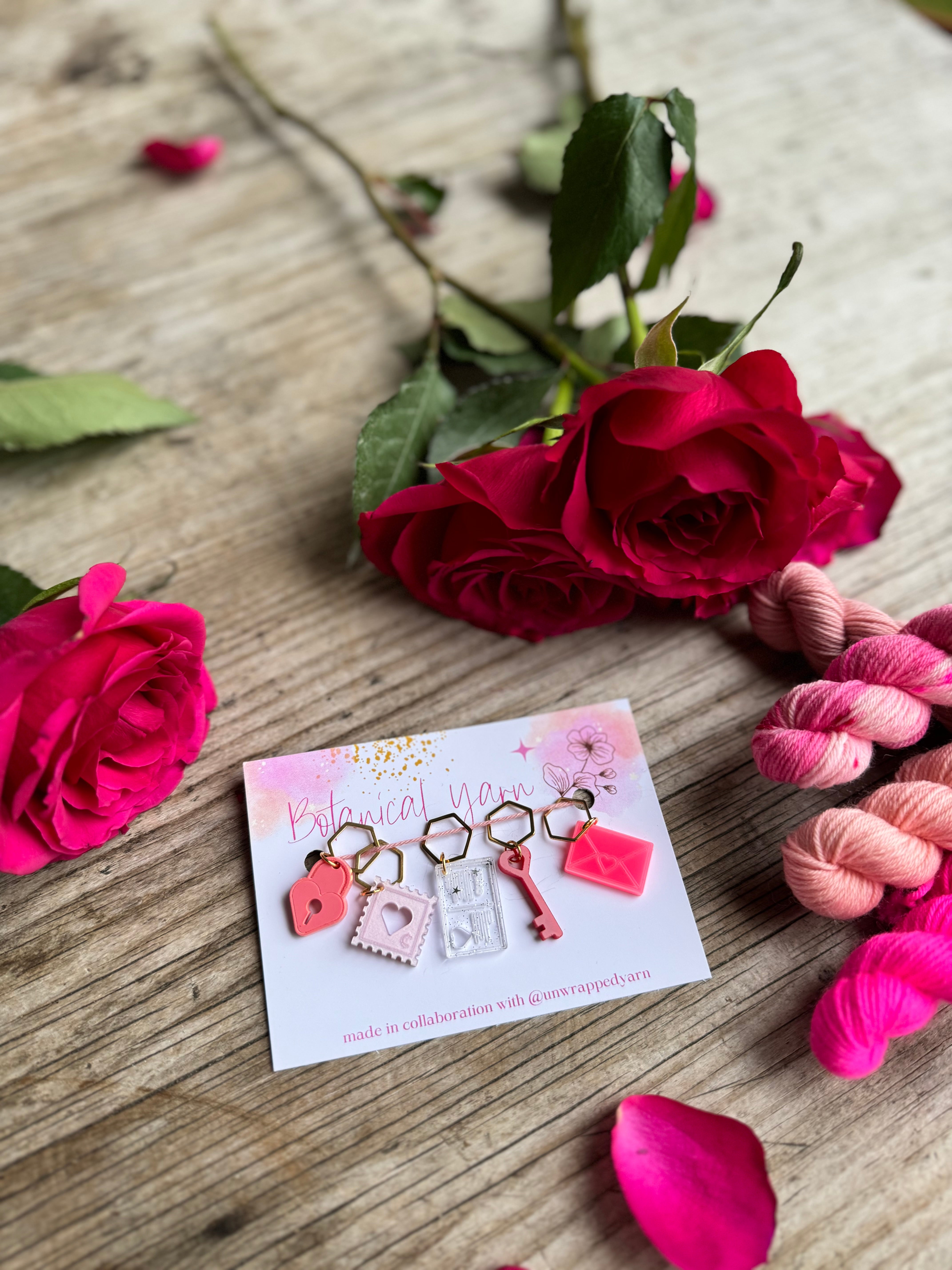 Valentine Stitch markers / progress keepers made in collaboration with Unwrapped Yarn