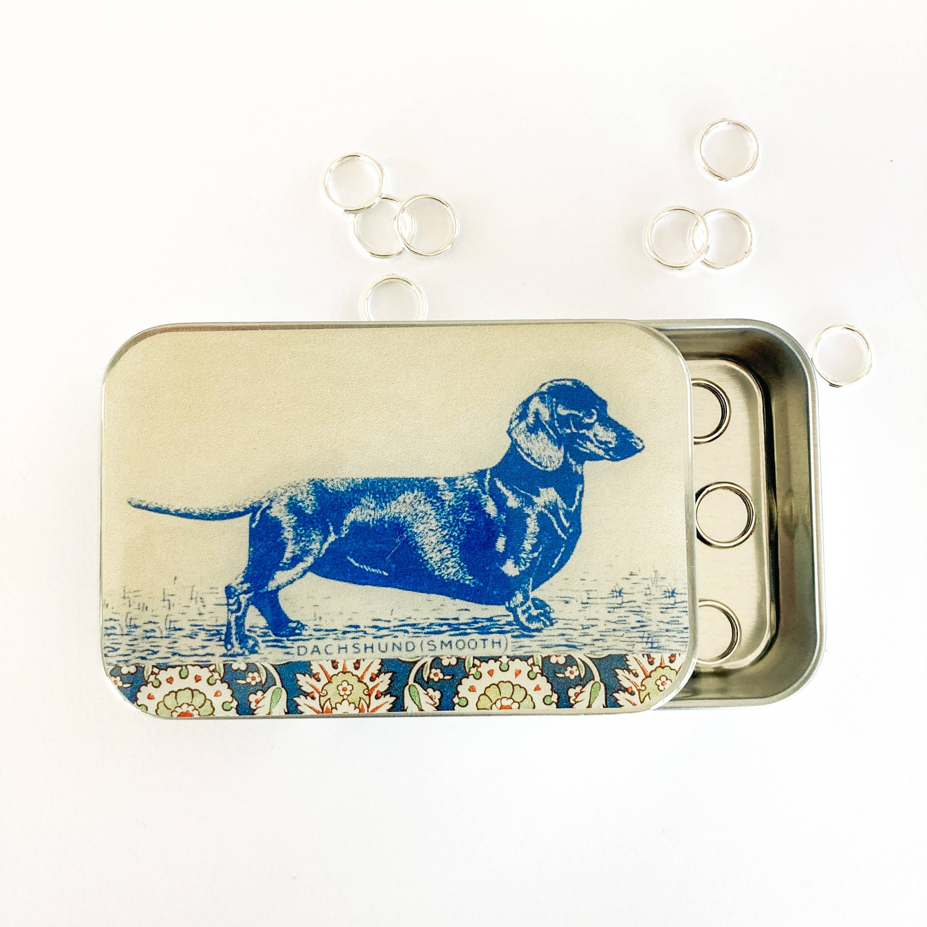 Dachshund notions tin, stitch marker tin