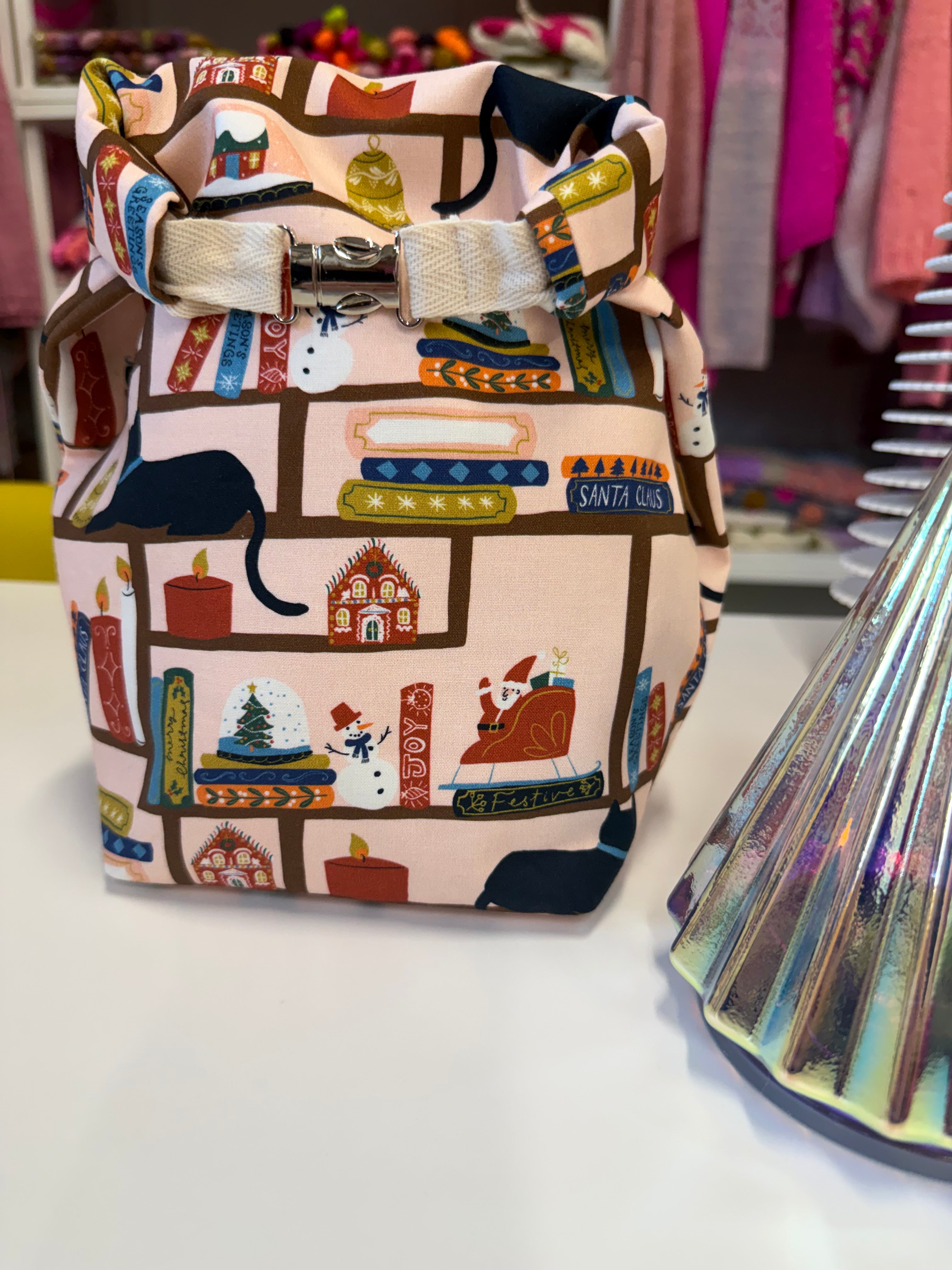 Ready to ship - Project Bag Style 04 - Roll Top - Christmas Cat on the Shelf