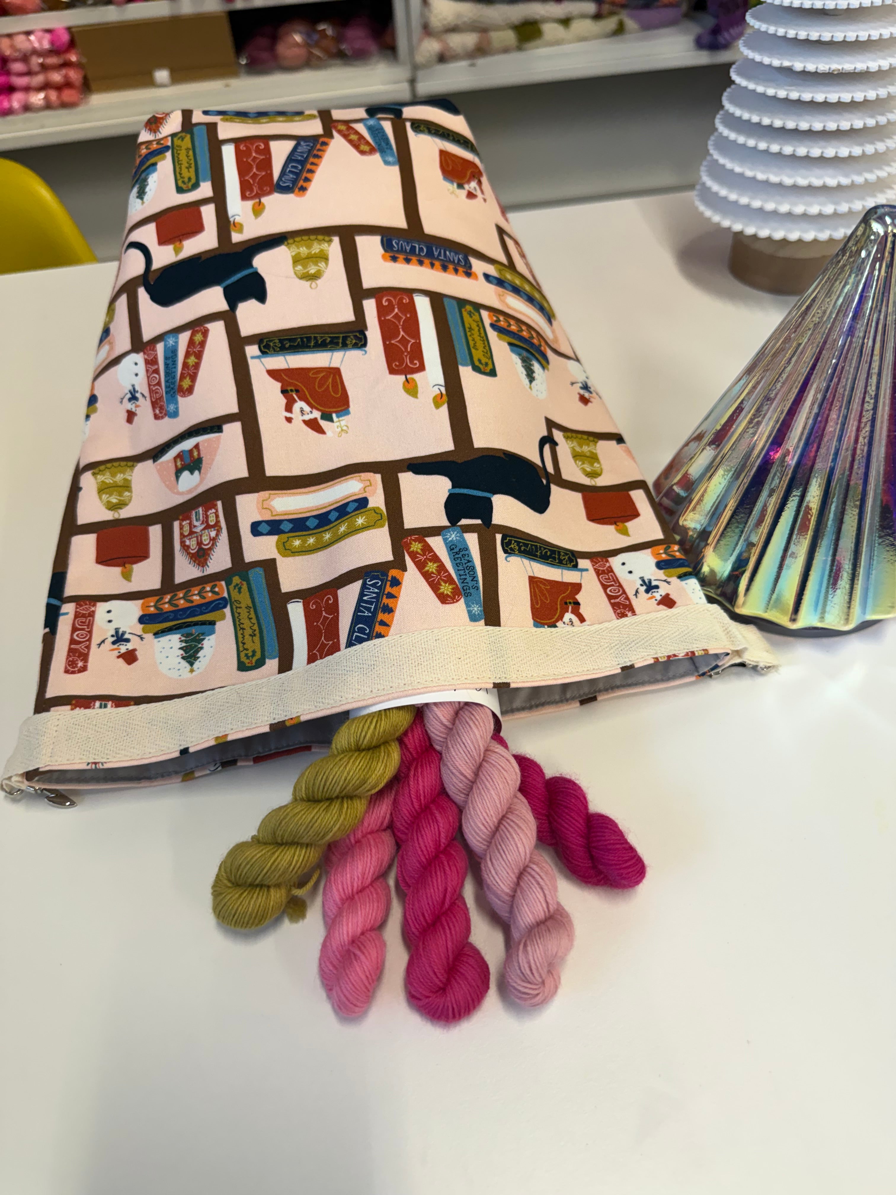 Ready to ship - Project Bag Style 04 - Roll Top - Christmas Cat on the Shelf
