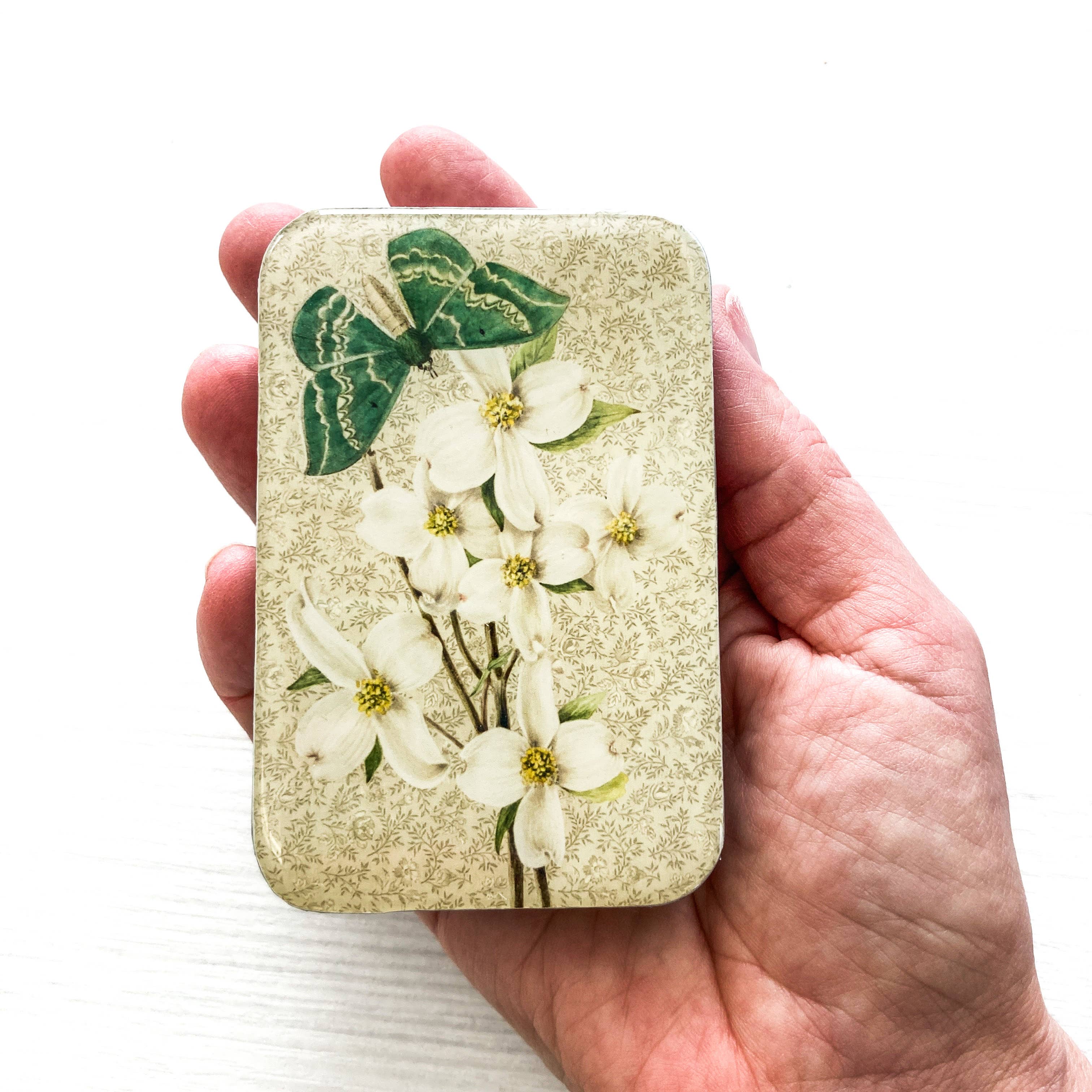 Vintage-Inspired Green Moth and Dogwood Resin Tin