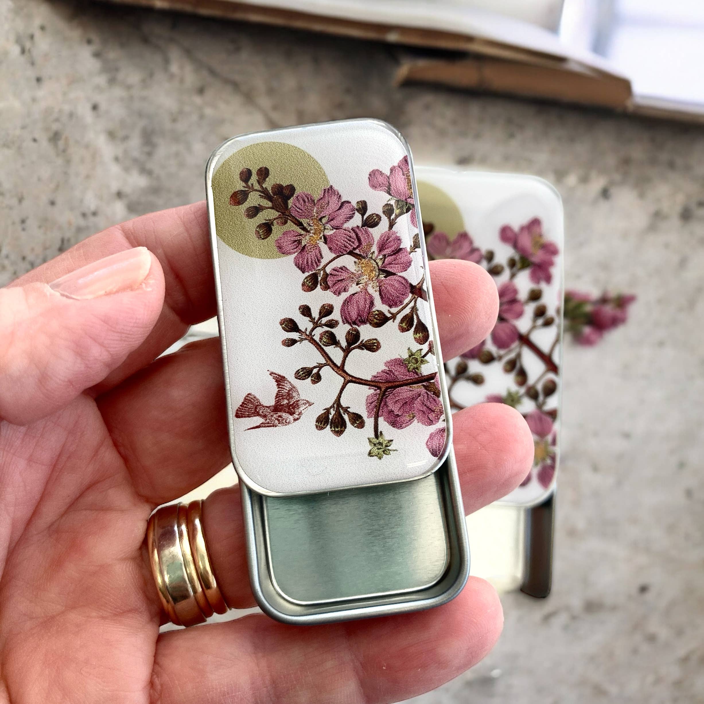 Cherry Blossom & Swallow Notions tin