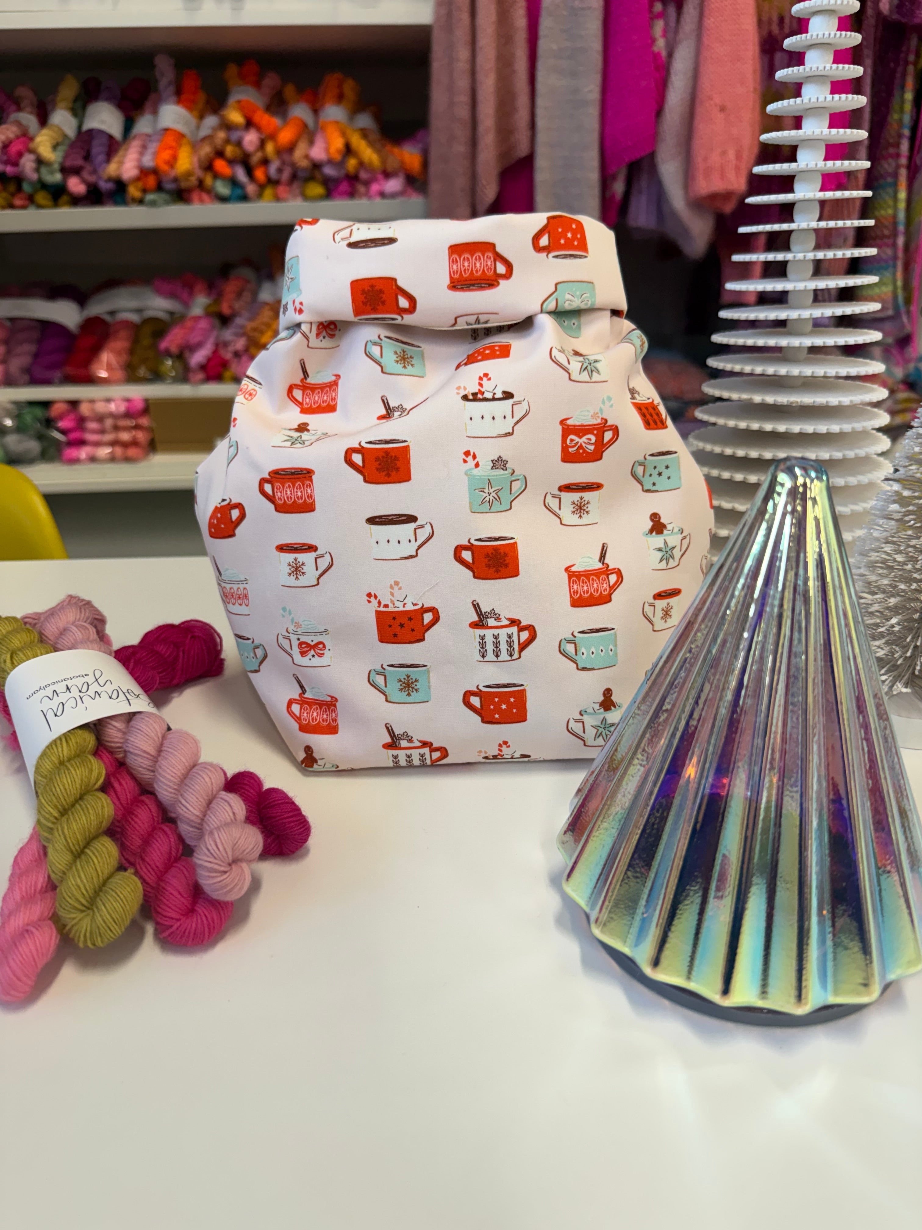 Ready to ship - Project Bag Style 04 - Roll Top - Festive Mugs