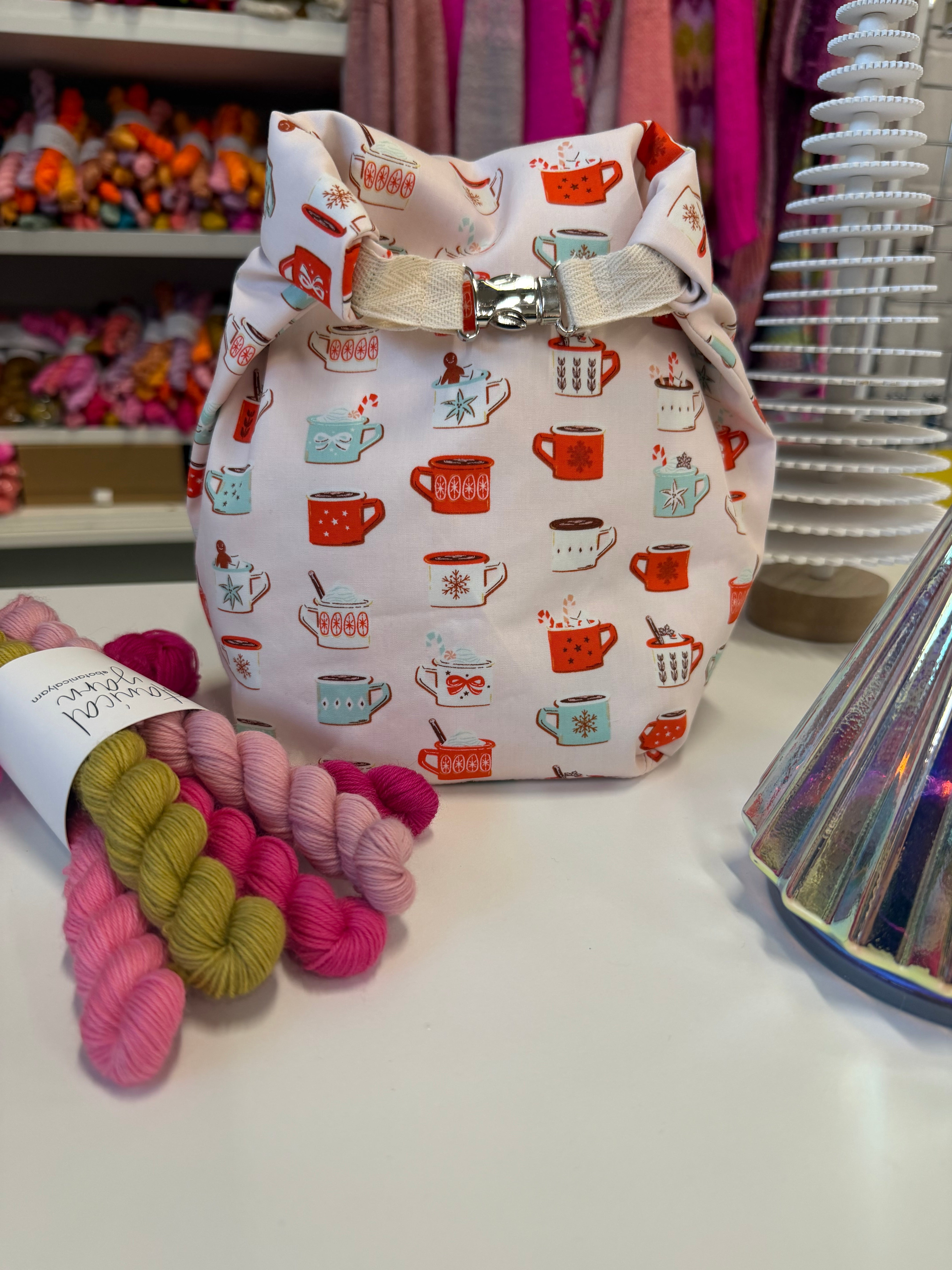 Ready to ship - Project Bag Style 04 - Roll Top - Festive Mugs