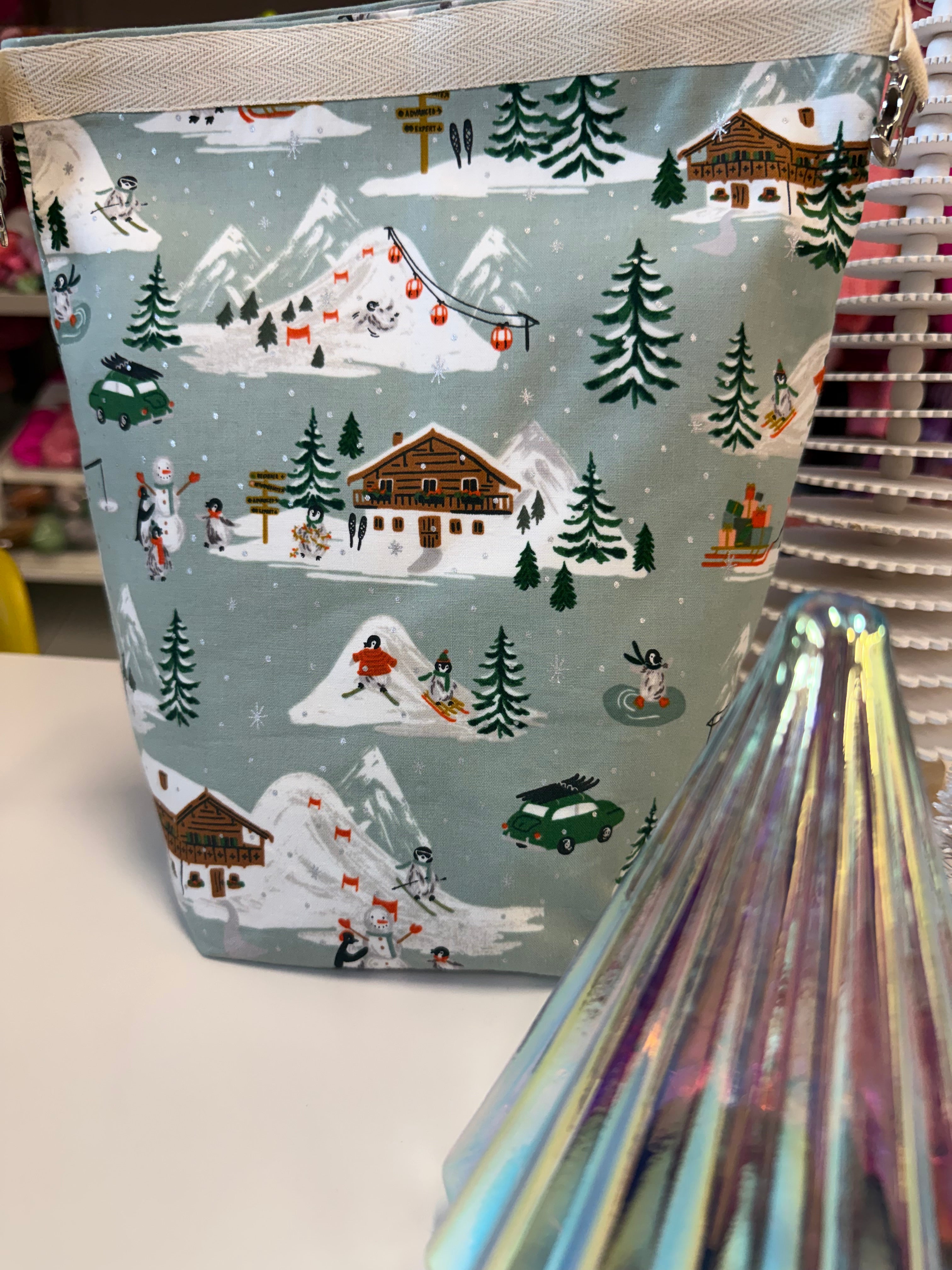 Ready to ship -  Project Bag Style 04 - Roll Top - Green Skiing Penguins
