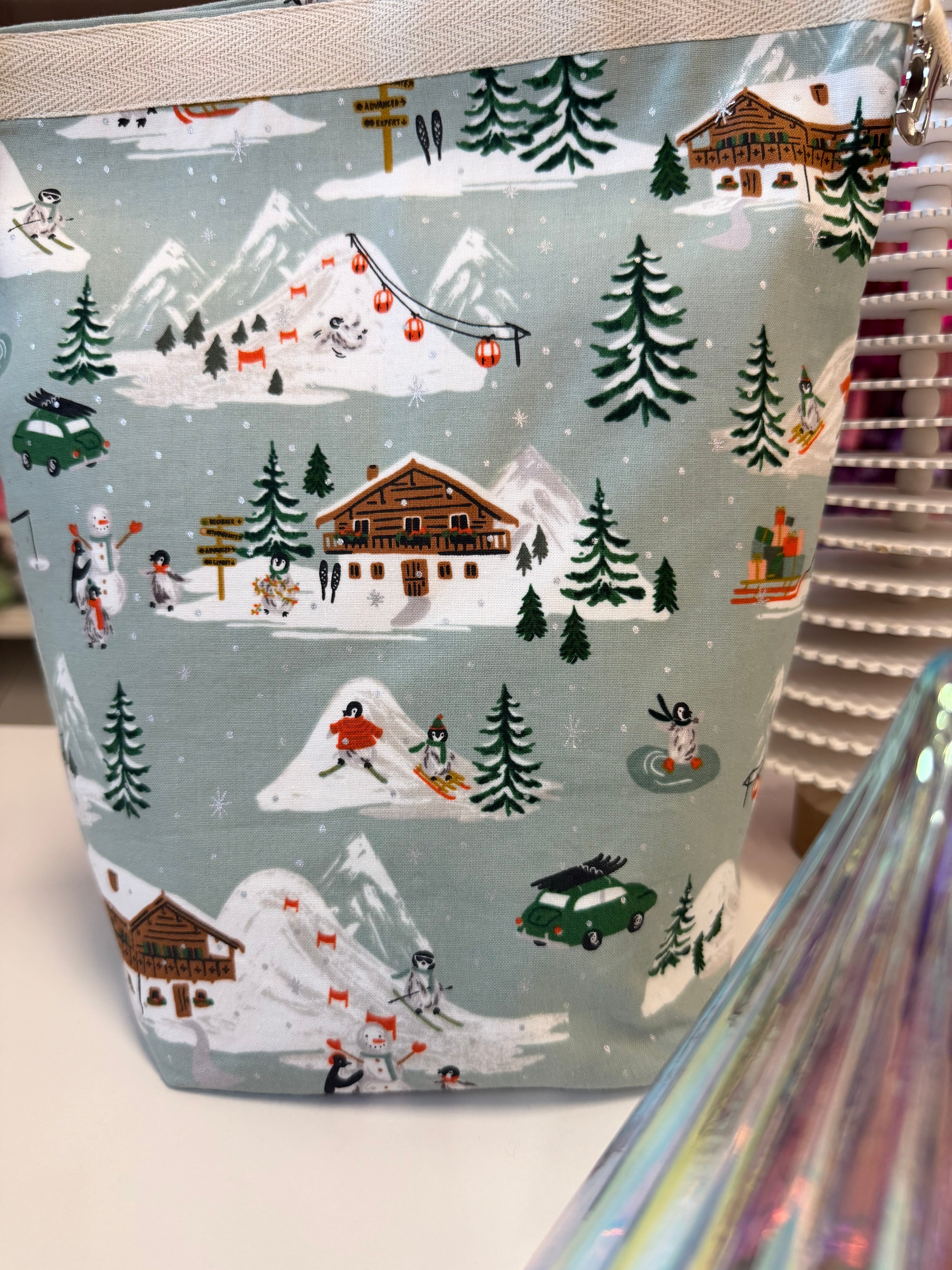 Ready to ship -  Project Bag Style 04 - Roll Top - Green Skiing Penguins