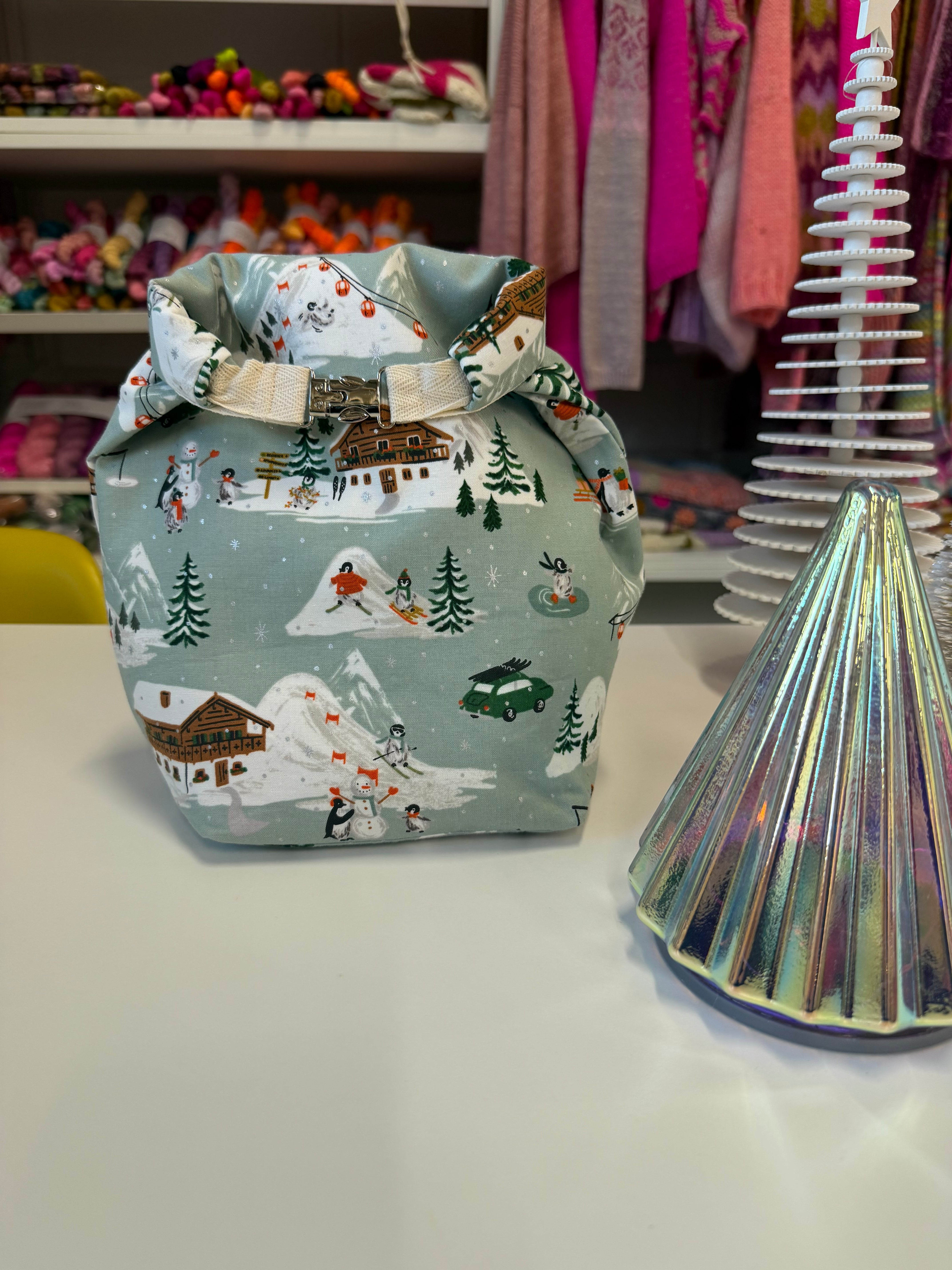 Ready to ship -  Project Bag Style 04 - Roll Top - Green Skiing Penguins