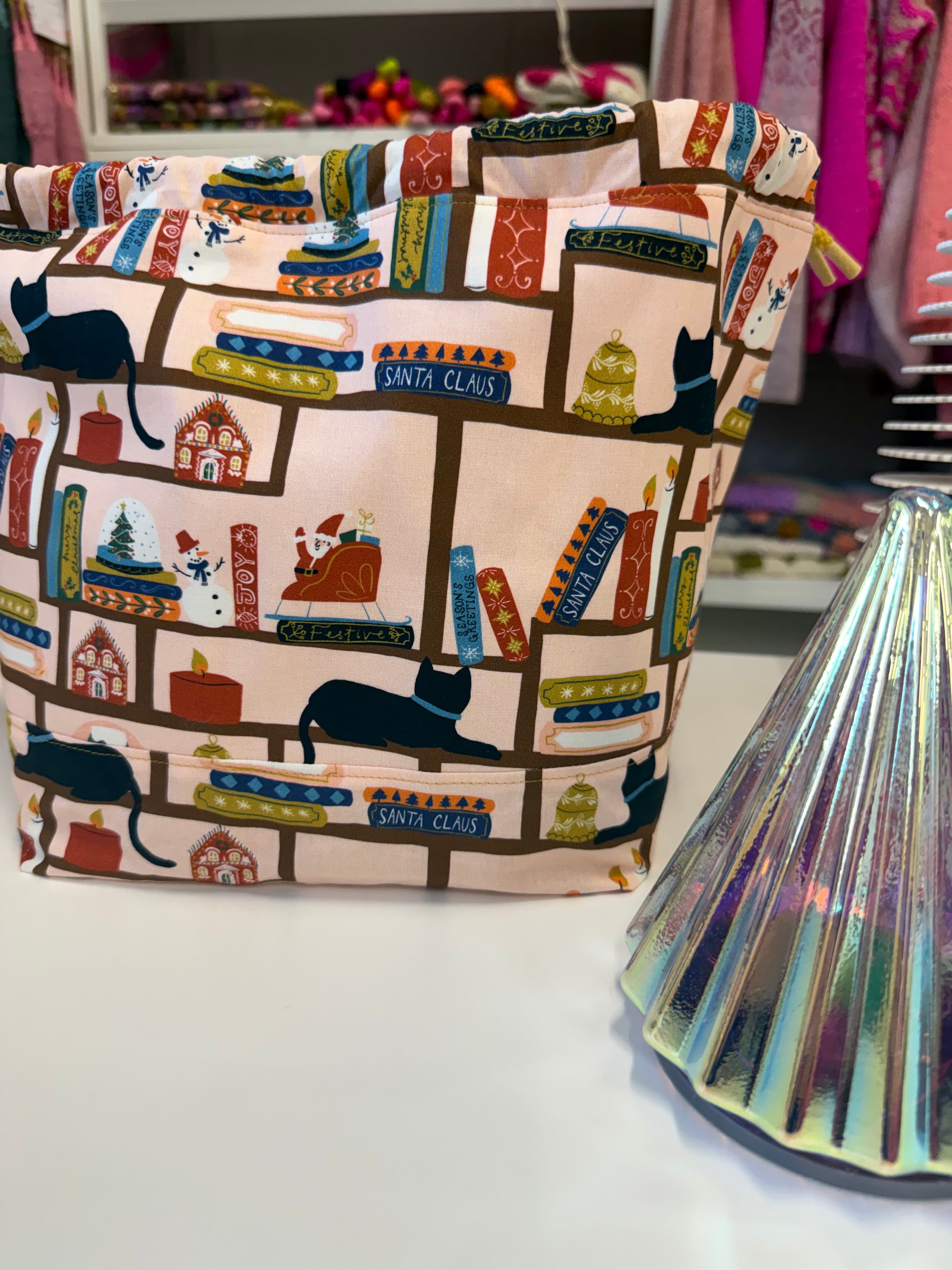 Ready to ship - Project Bag Style 01 - Christmas Cat on the Shelf
