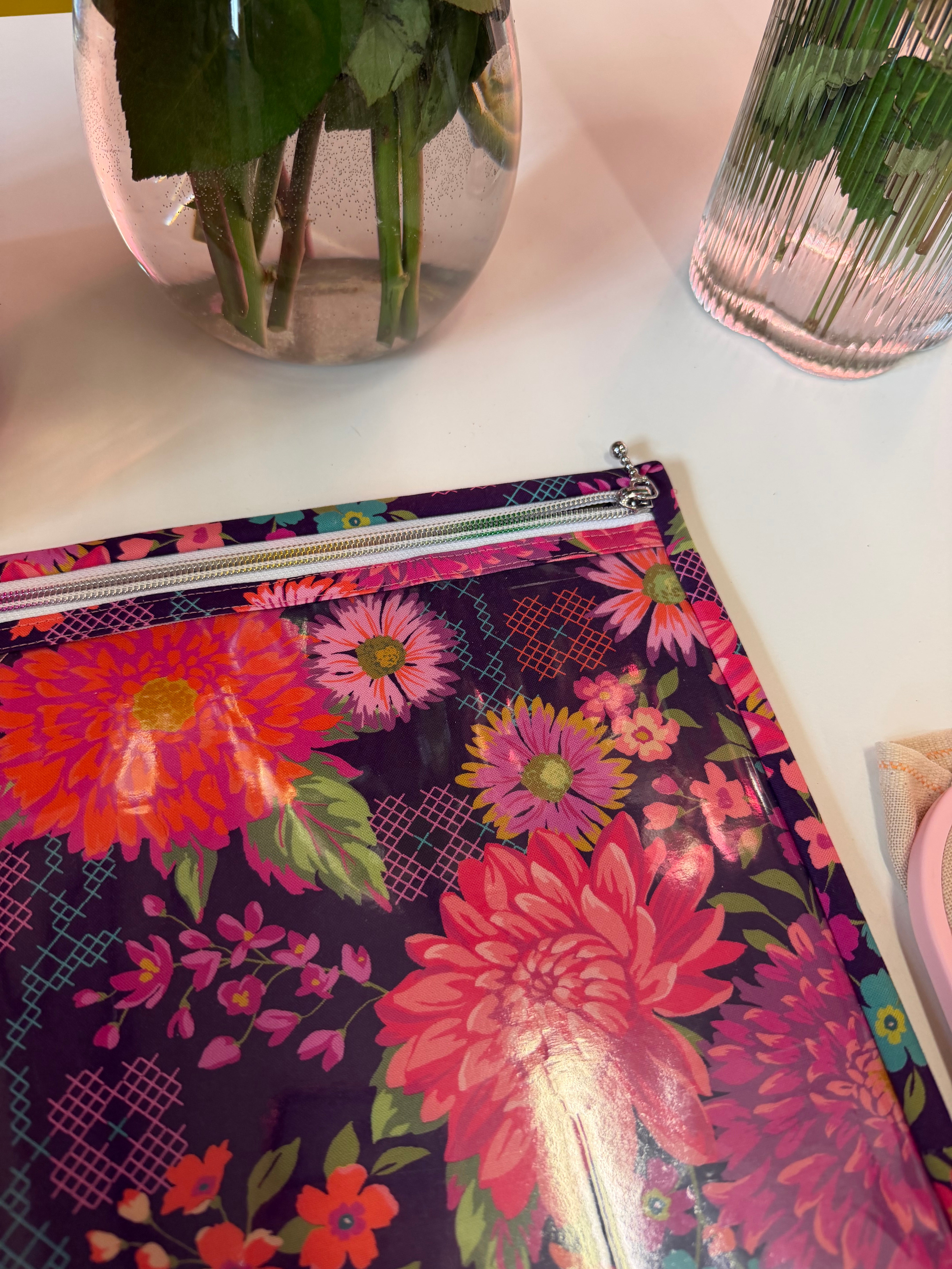 Made to order - Project Bag Style 05 - Embroidery Cross Stitch Zip Pouch - Burgundy Floral with Cross Stitches