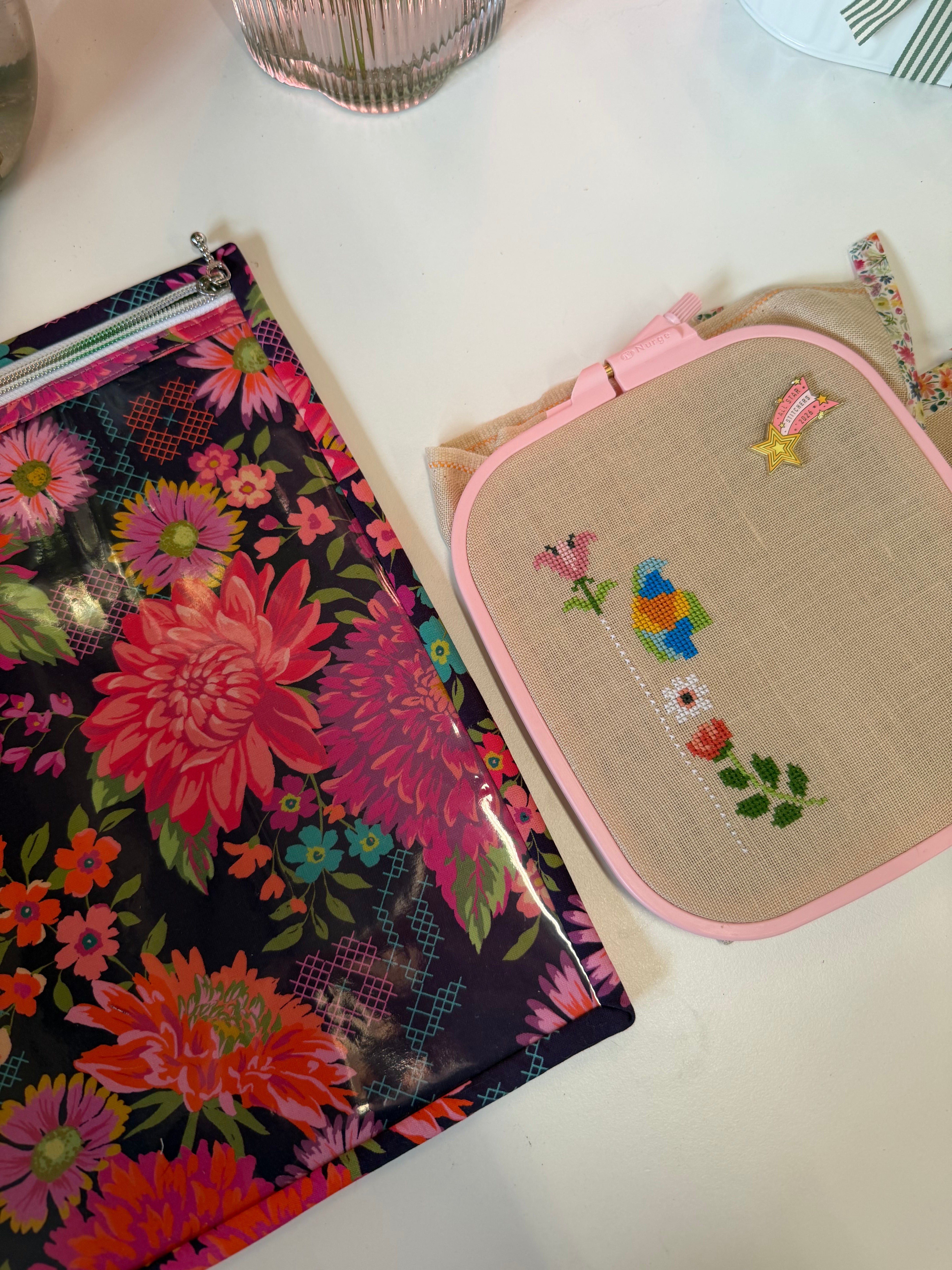 Made to order - Project Bag Style 05 - Embroidery Cross Stitch Zip Pouch - Burgundy Floral with Cross Stitches