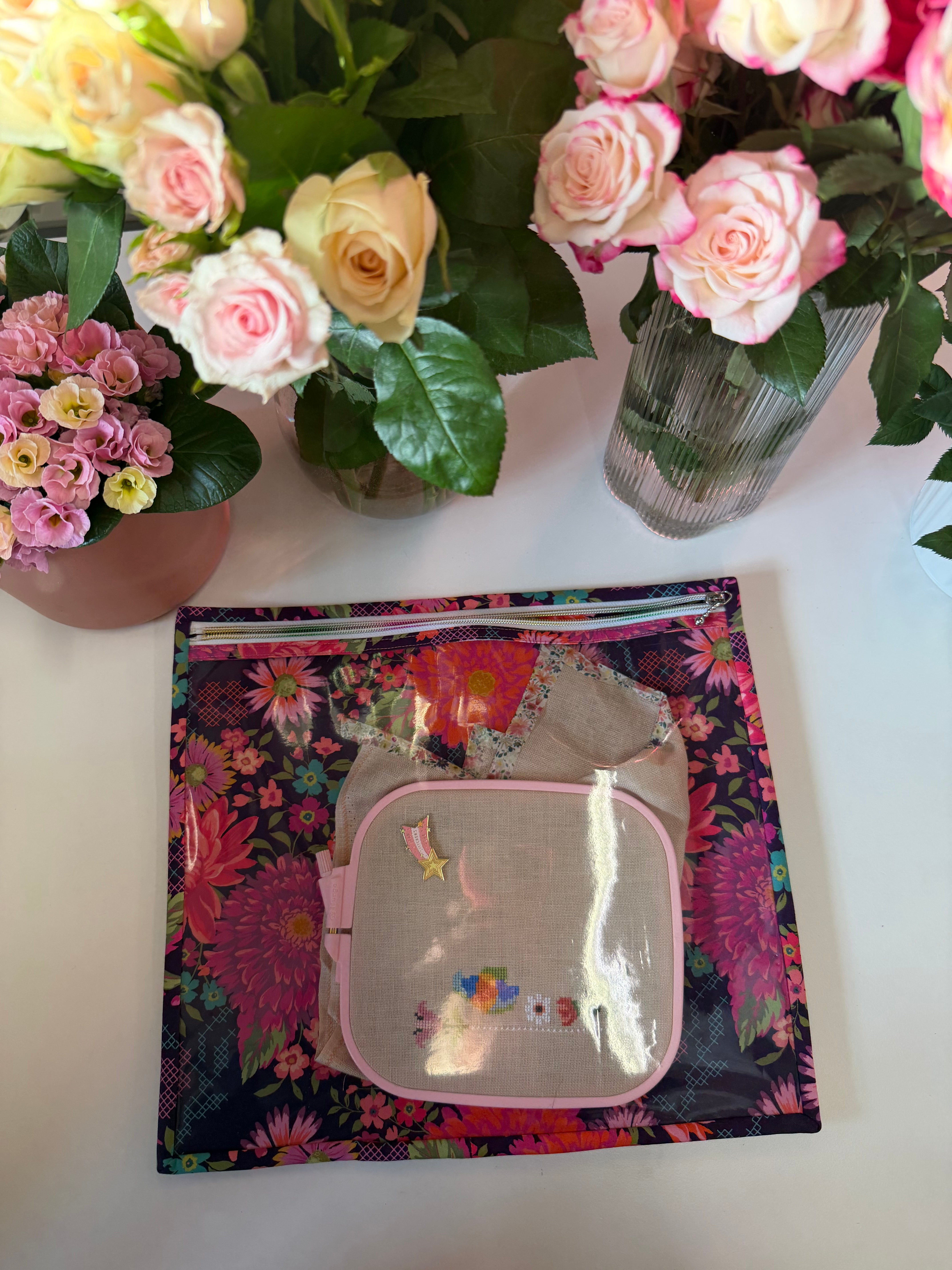 Made to order - Project Bag Style 05 - Embroidery Cross Stitch Zip Pouch - Burgundy Floral with Cross Stitches