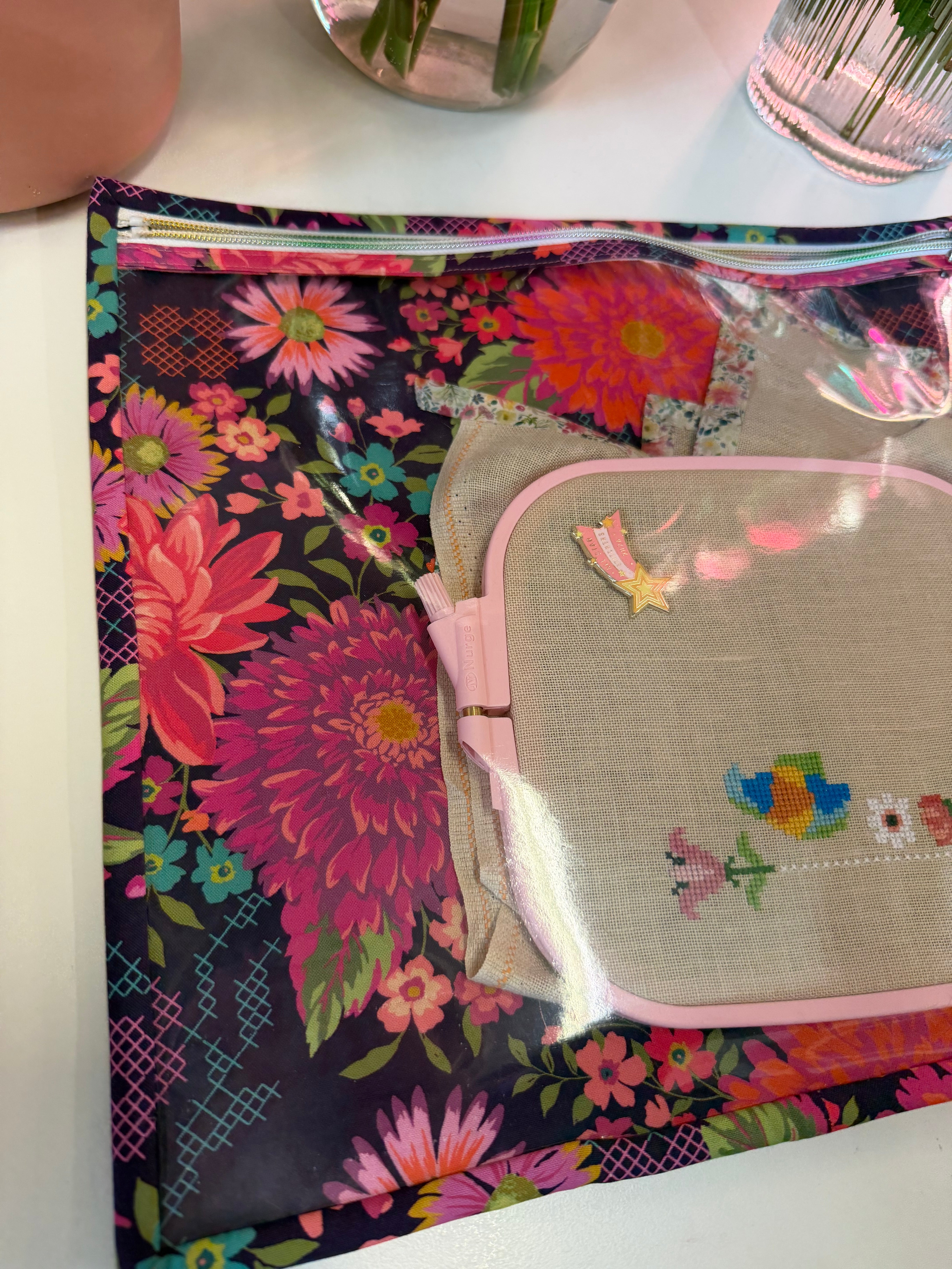 Made to order - Project Bag Style 05 - Embroidery Cross Stitch Zip Pouch - Burgundy Floral with Cross Stitches