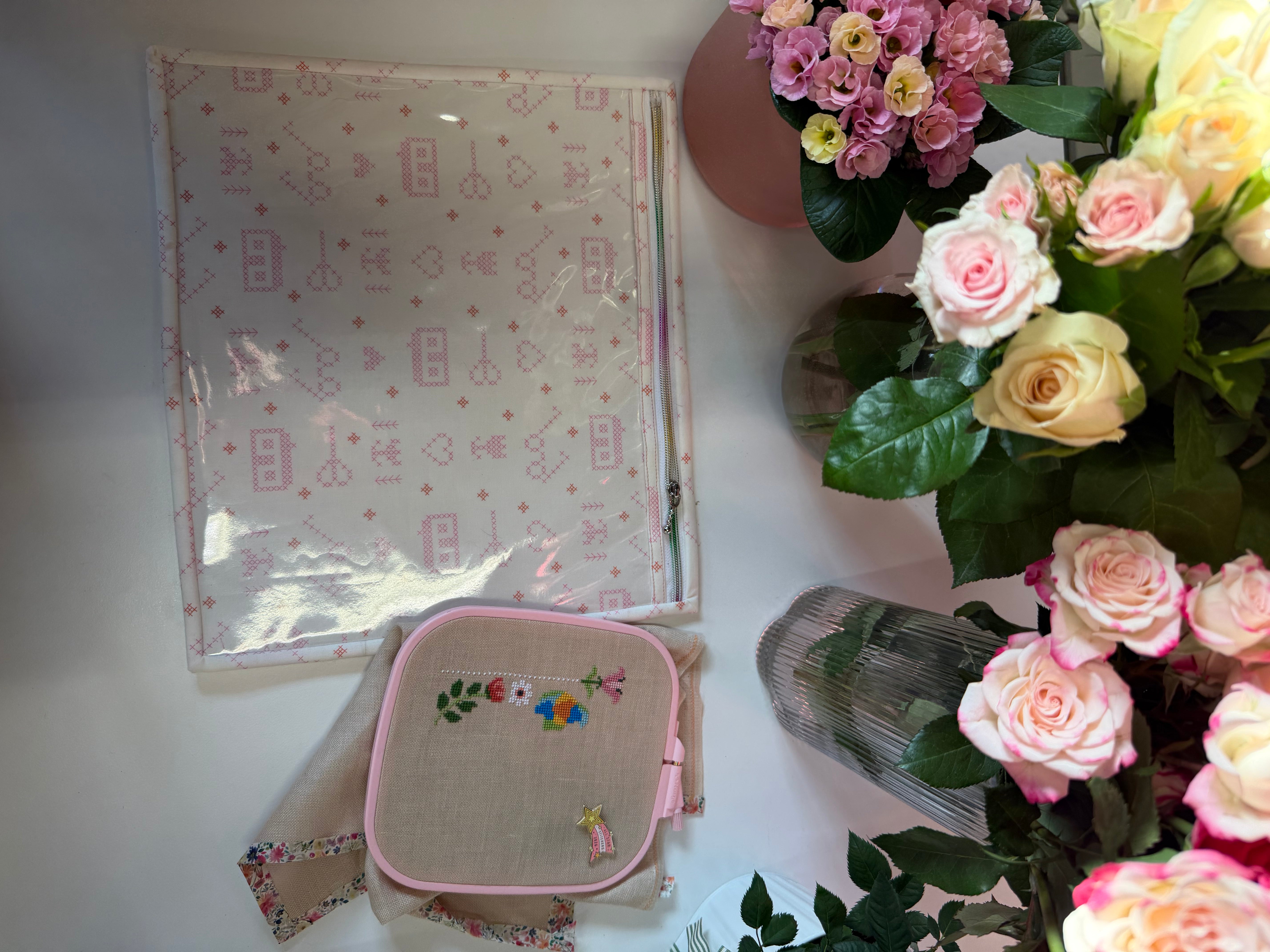 Made to order - Project Bag Style 05 - Embroidery Cross Stitch Zip Pouch - White with pink stitches house