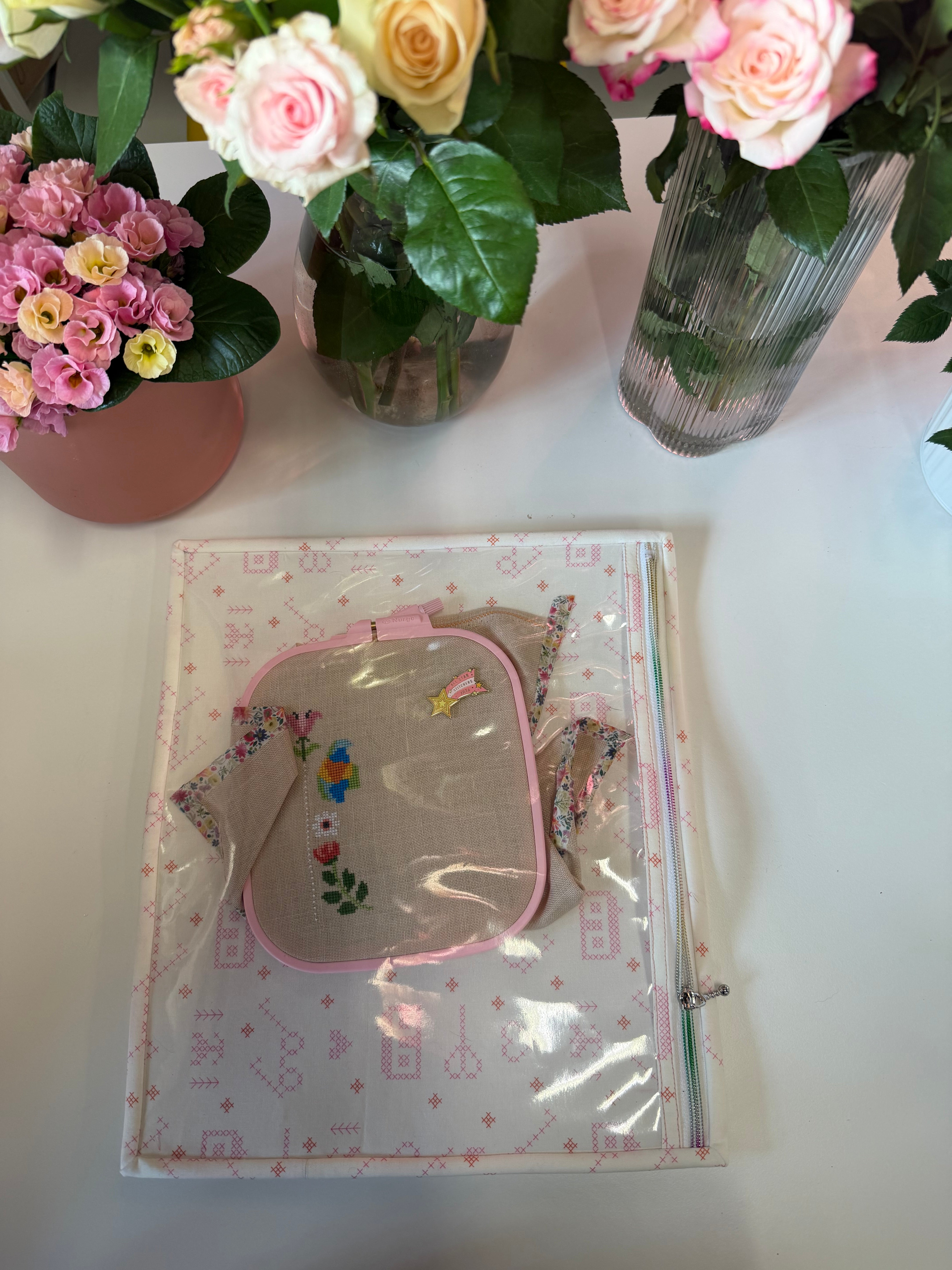 Made to order - Project Bag Style 05 - Embroidery Cross Stitch Zip Pouch - White with pink stitches house