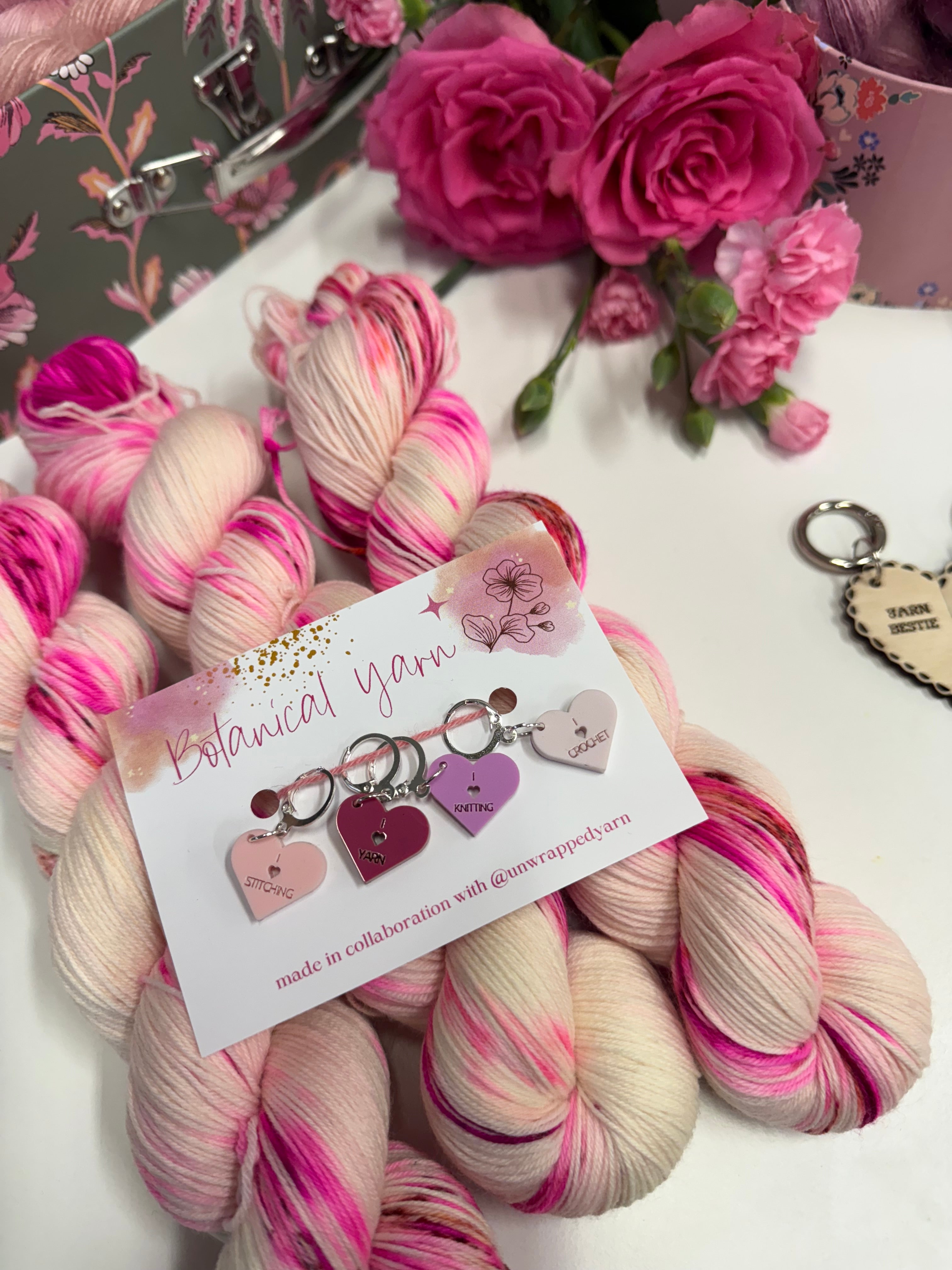 Galentine stitch markers / progress keepers made in collaboration with Unwrapped Yarn