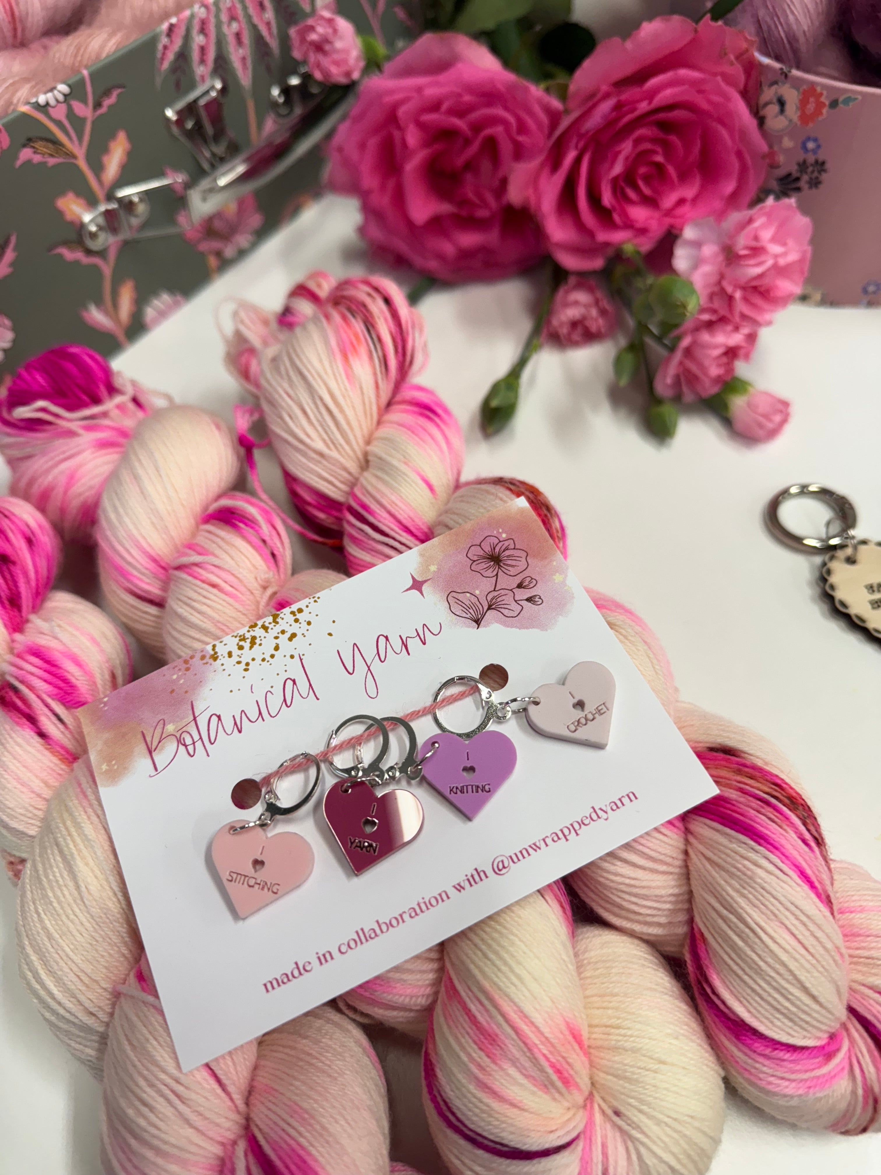 Galentine stitch markers / progress keepers made in collaboration with Unwrapped Yarn