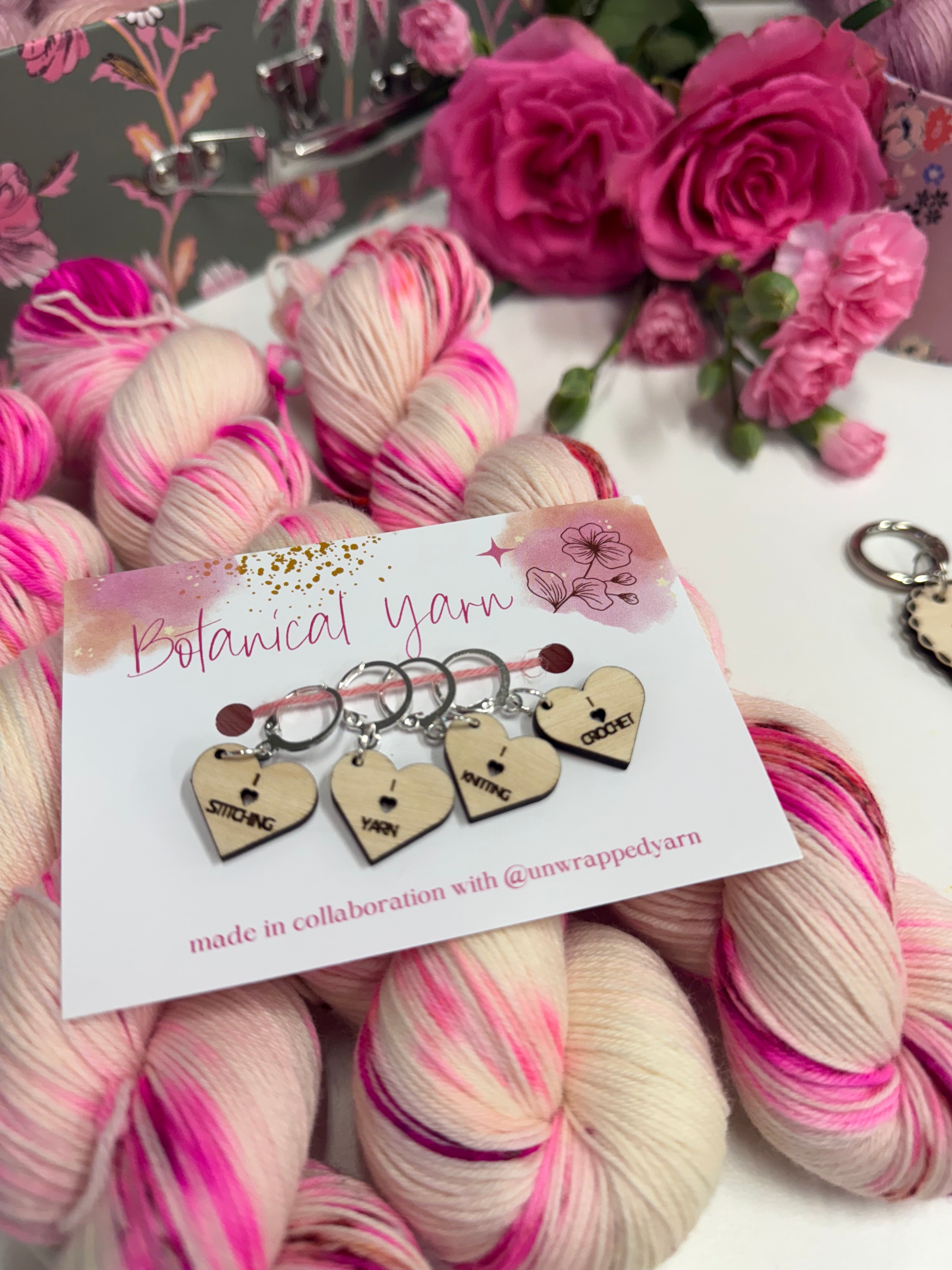 Galentine stitch markers / progress keepers made in collaboration with Unwrapped Yarn