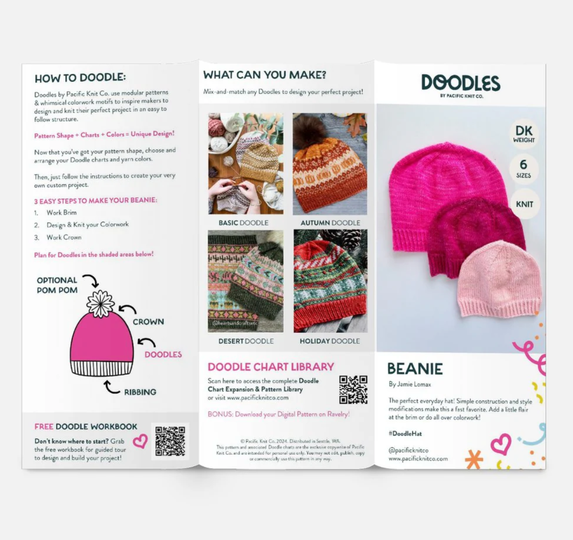 Base Doodle DK Beanie Pattern- Printed Brochure - Jamie Lomax Pacific Knit Co