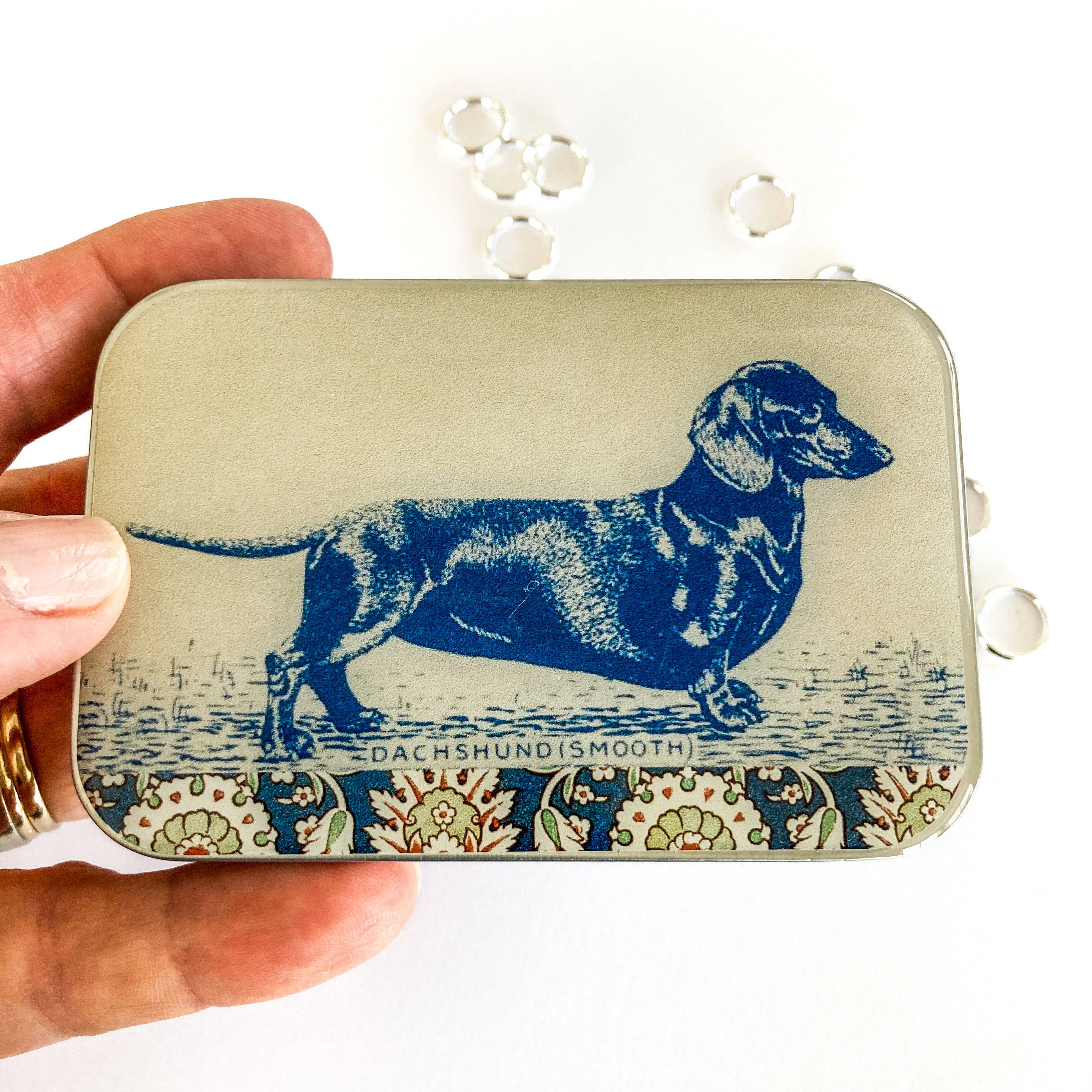 Dachshund notions tin, stitch marker tin
