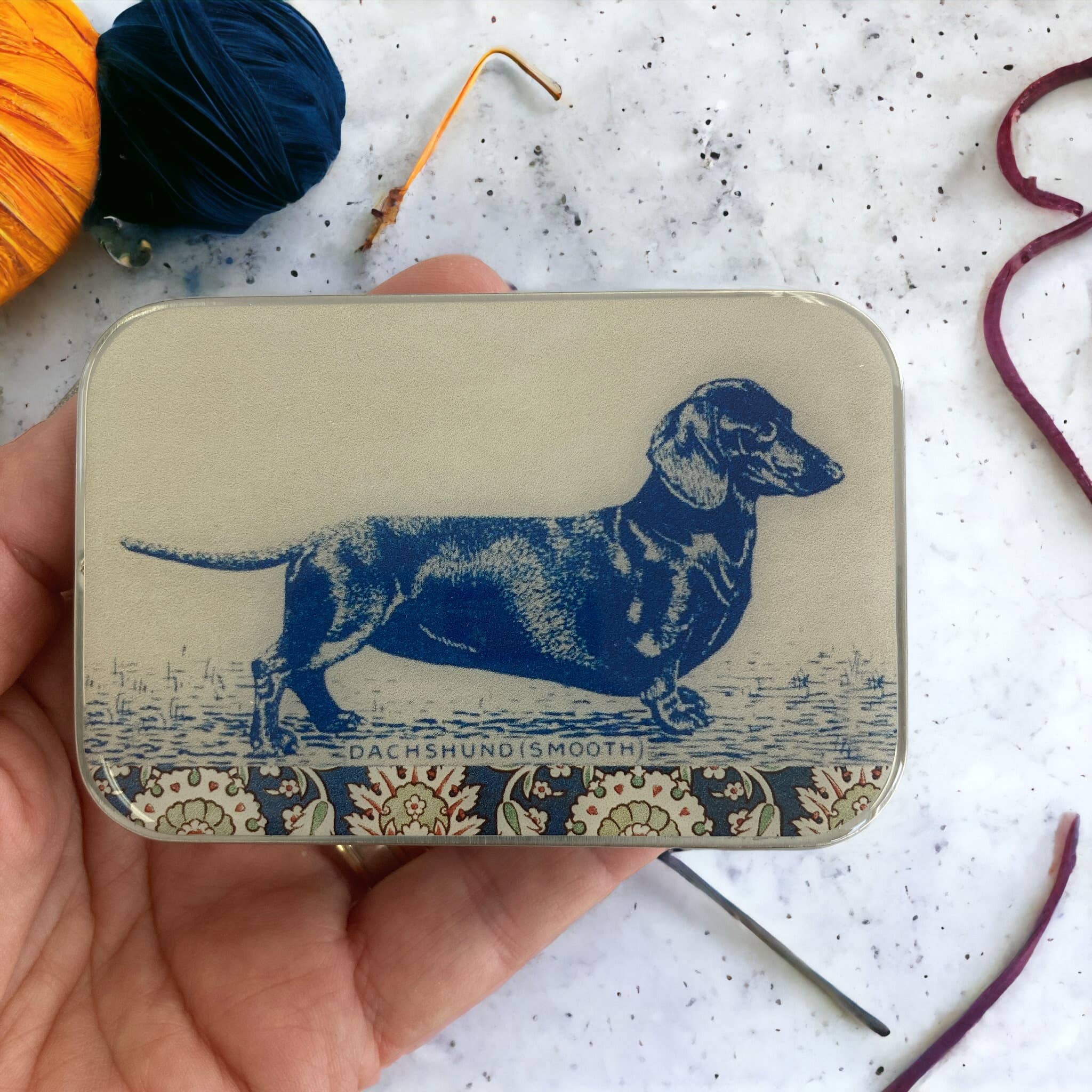 Dachshund notions tin, stitch marker tin